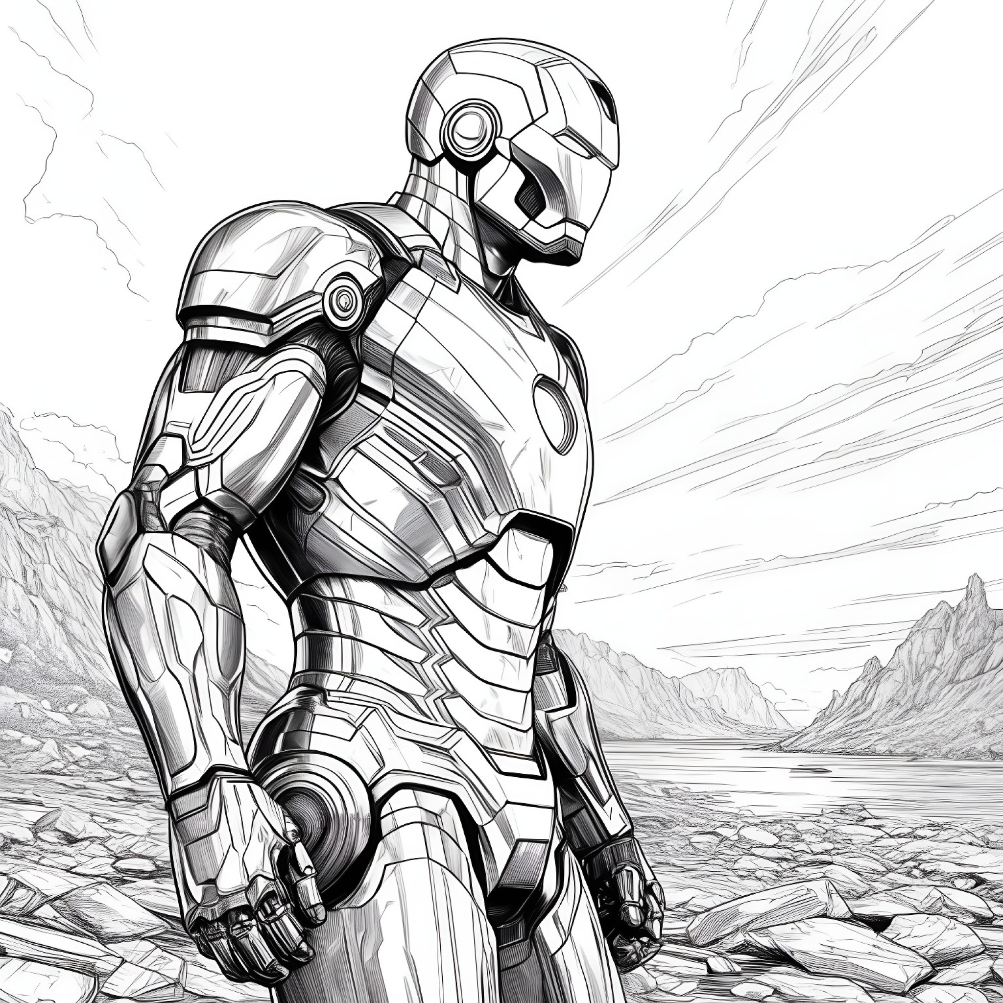Iron Man reflecting on past battles in solitude Coloring Page (free black-and-white line drawing printable PDF for all, from beginners to advanced learners, including children, teens, adults, and seniors)