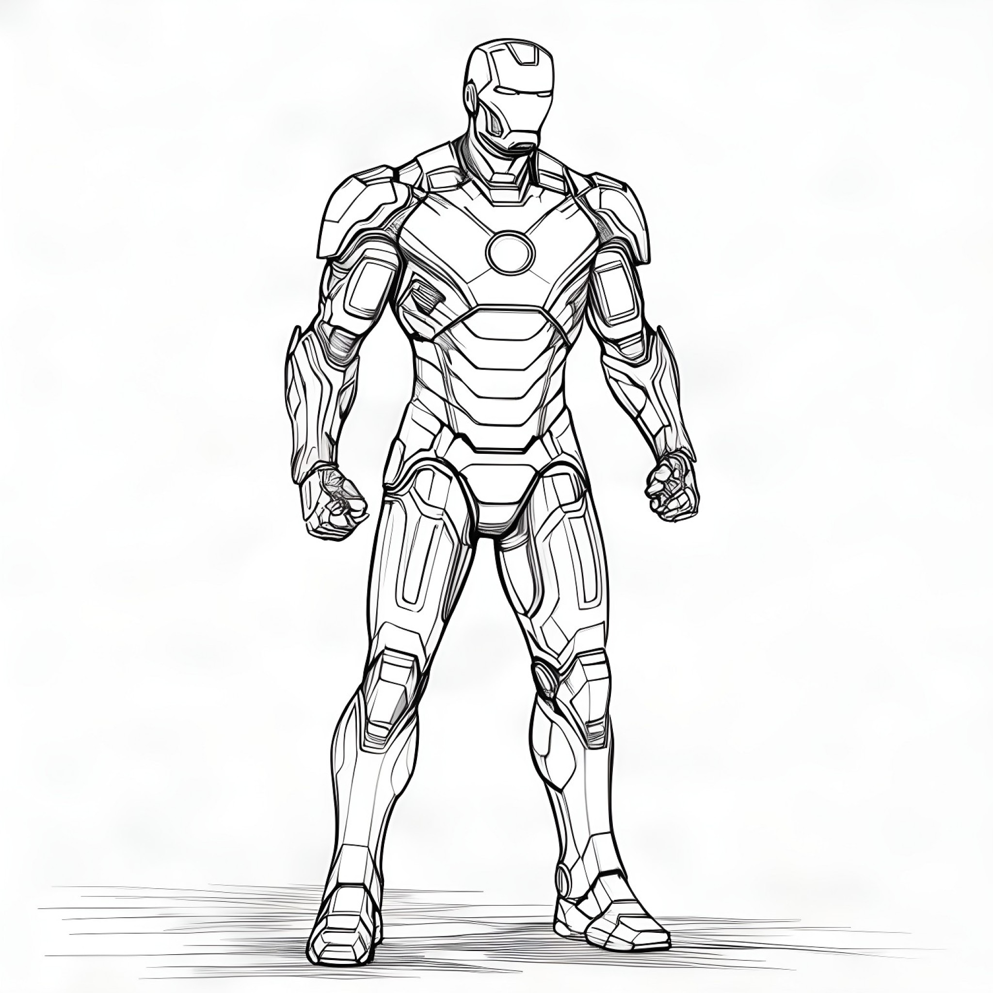 Iron Man standing tall as a protector Coloring Page (free black-and-white line drawing printable PDF for all, from beginners to advanced learners, including children, teens, adults, and seniors)