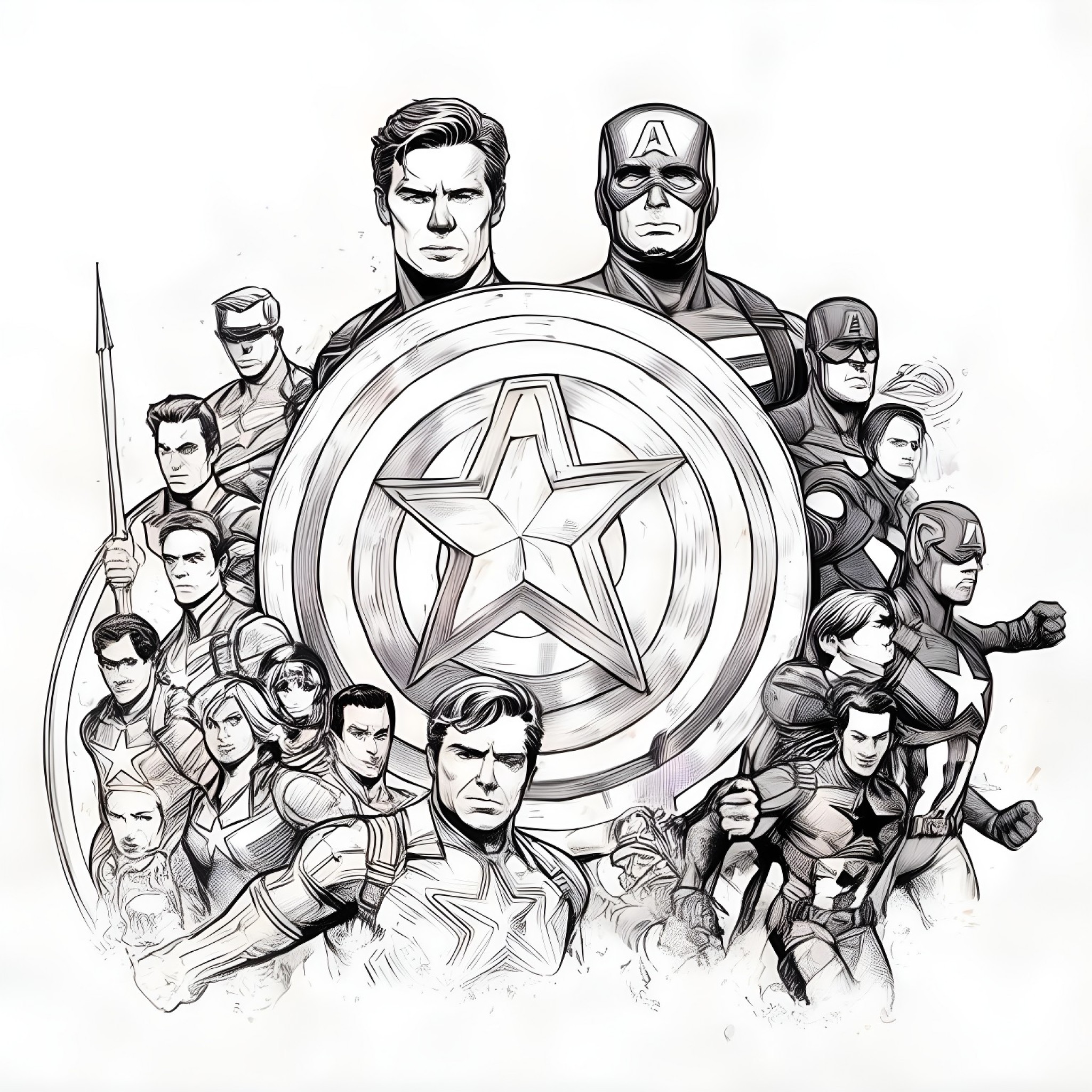 Captain America with his Avengers team Coloring Page (free black-and-white line drawing printable PDF for all, from beginners to advanced learners, including children, teens, adults, and seniors)