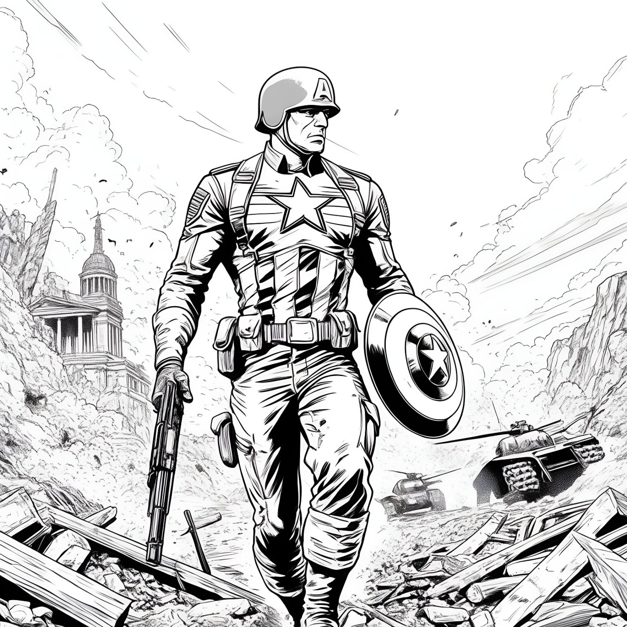 Captain America in a World War II setting Coloring Page (free black-and-white line drawing printable PDF for all, from beginners to advanced learners, including children, teens, adults, and seniors)