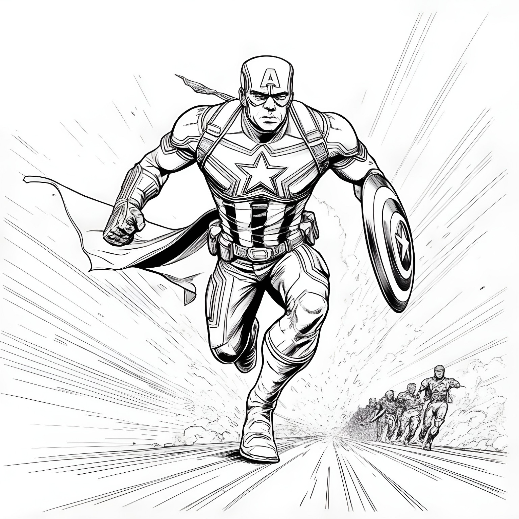 Captain America leading a charge Coloring Page (free black-and-white line drawing printable PDF for all, from beginners to advanced learners, including children, teens, adults, and seniors)