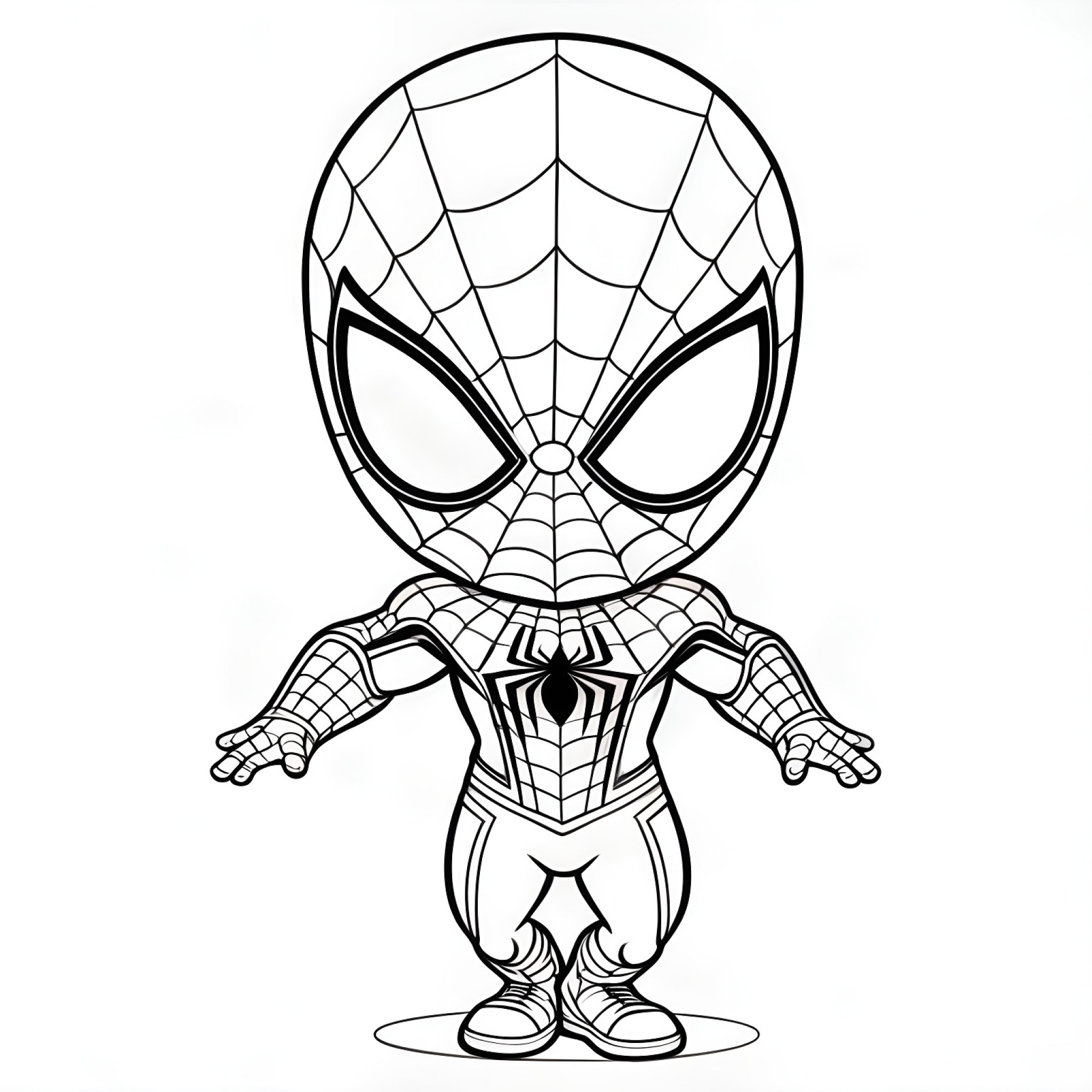 Spider-Man chibi Coloring Page (free black-and-white line drawing printable PDF for all, from beginners to advanced learners, including children, teens, adults, and seniors)