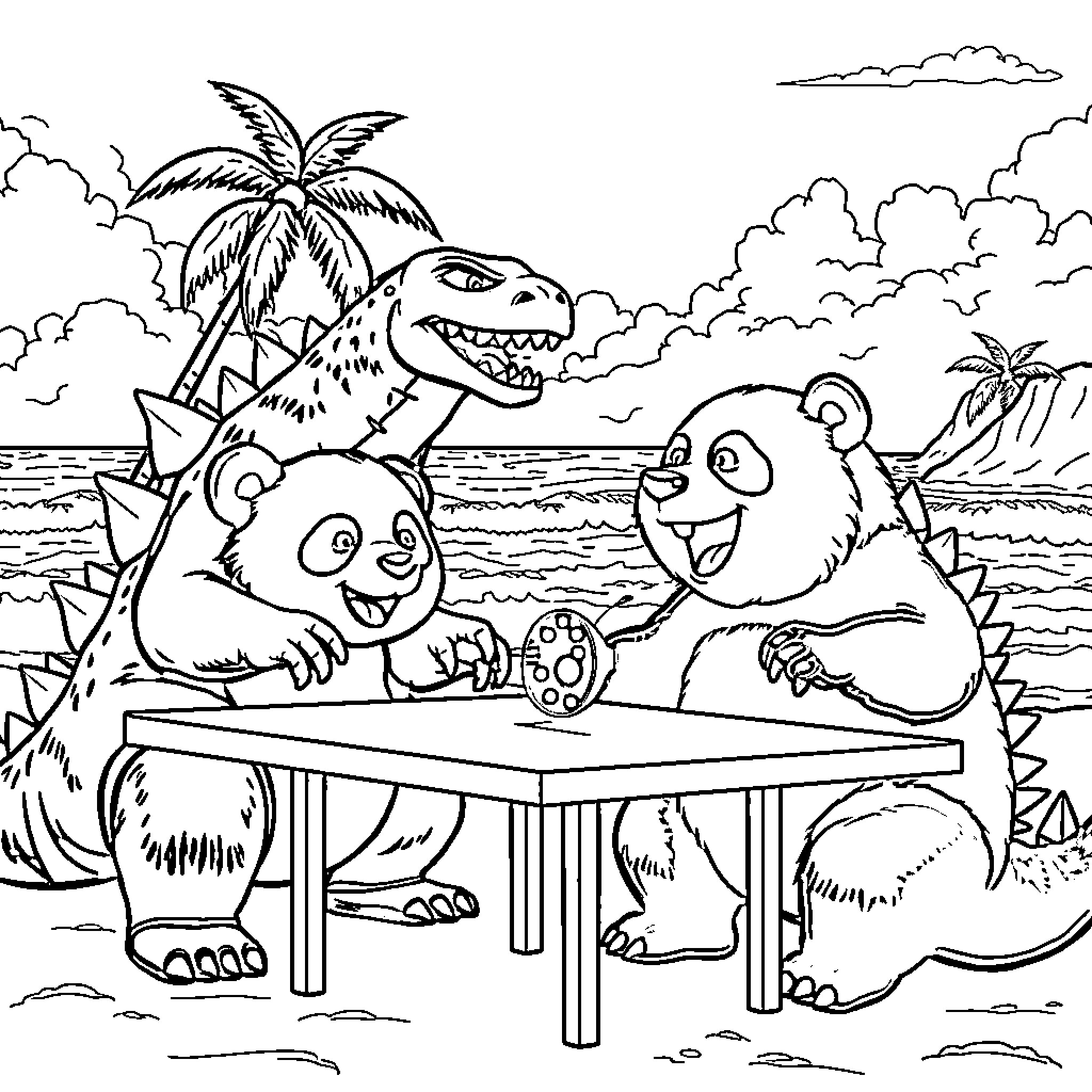 Panda friends playing on the beach Coloring Page (free black-and-white line drawing printable PDF for all, from beginners to advanced learners, including children, teens, adults, and seniors)