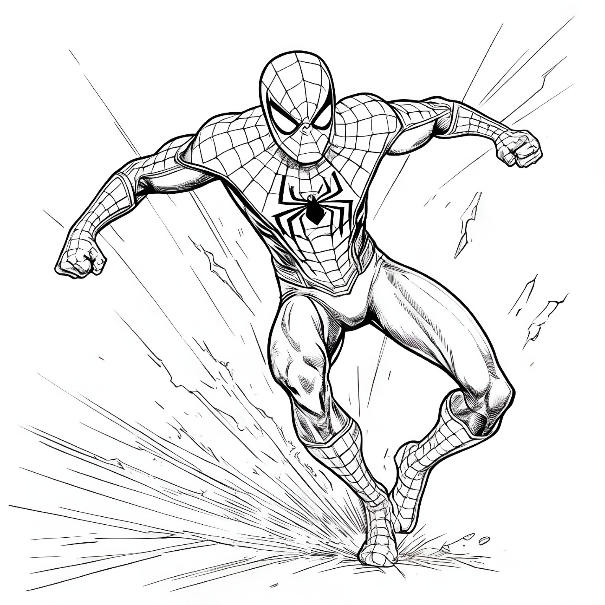 Spider-Man in dynamic punching pose Coloring Page (free black-and-white line drawing printable PDF for all, from beginners to advanced learners, including children, teens, adults, and seniors)
