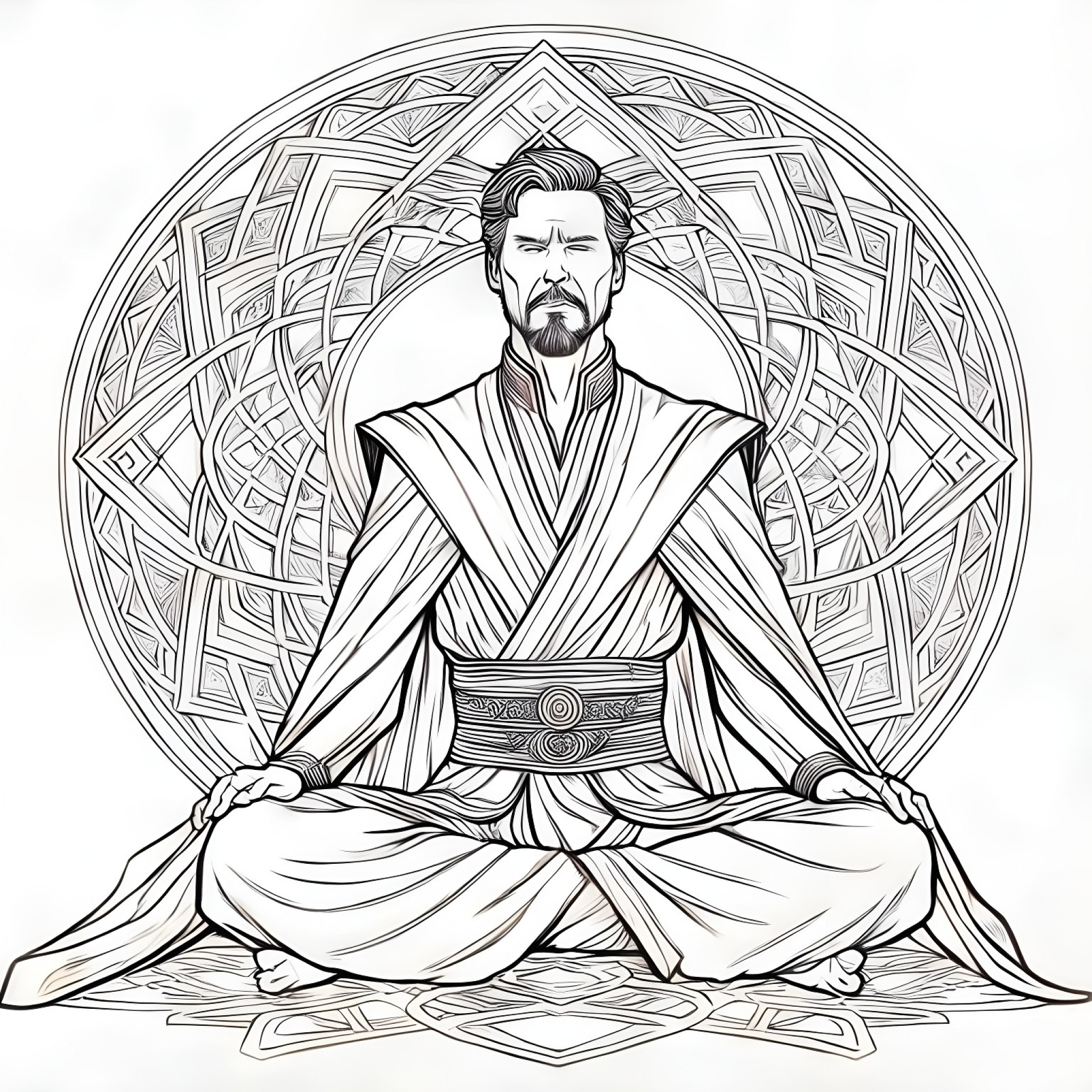 Doctor Strange in meditation pose Coloring Page (free black-and-white line drawing printable PDF for all, from beginners to advanced learners, including children, teens, adults, and seniors)