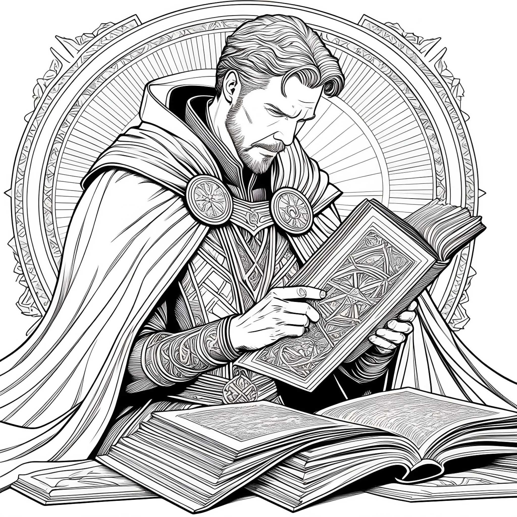 Doctor Strange reading ancient texts Coloring Page (free black-and-white line drawing printable PDF for all, from beginners to advanced learners, including children, teens, adults, and seniors)
