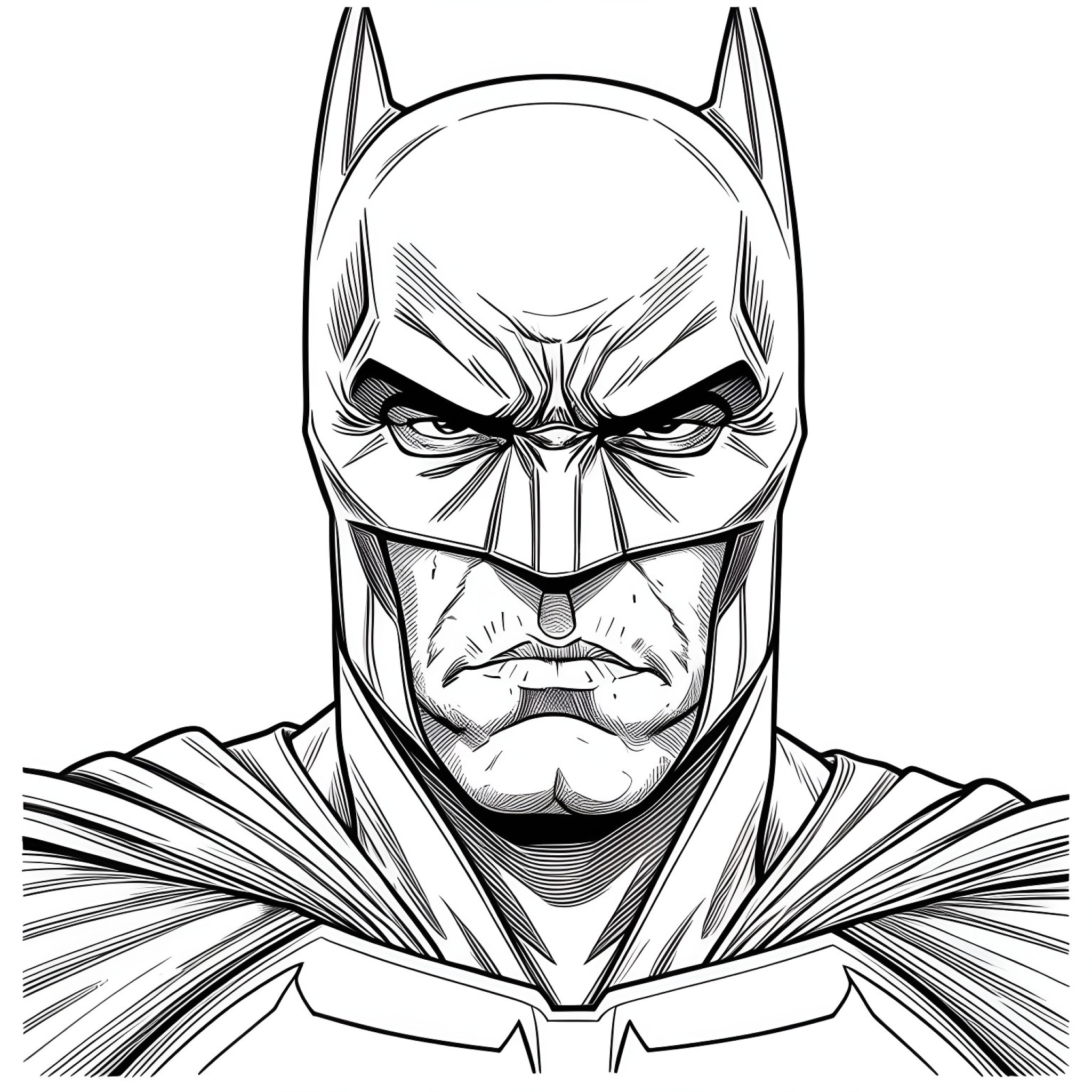 Batman determined clenched jaw Coloring Page (free black-and-white line drawing printable PDF for all, from beginners to advanced learners, including children, teens, adults, and seniors)