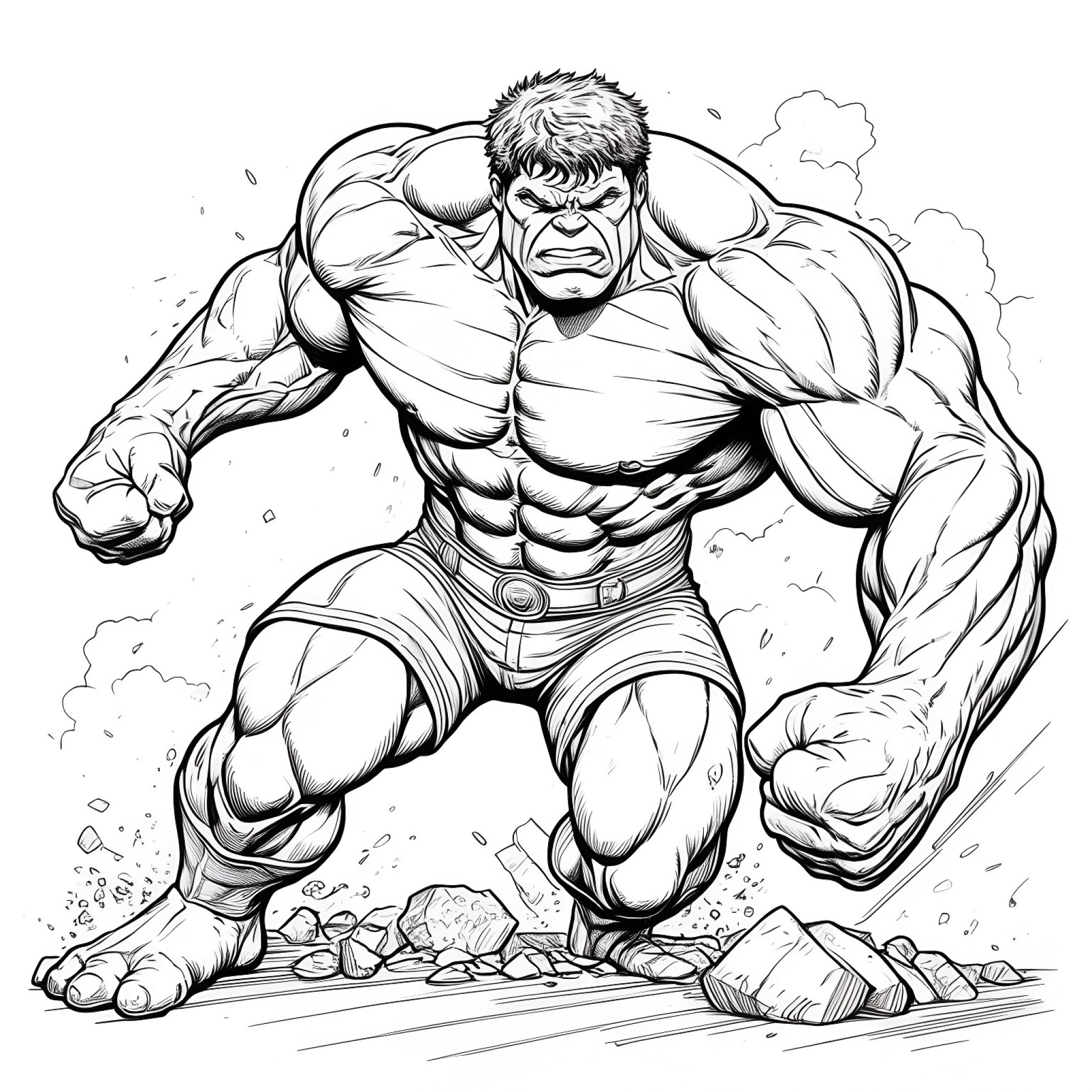Hulk showing his strength Coloring Page (free black-and-white line drawing printable PDF for all, from beginners to advanced learners, including children, teens, adults, and seniors)