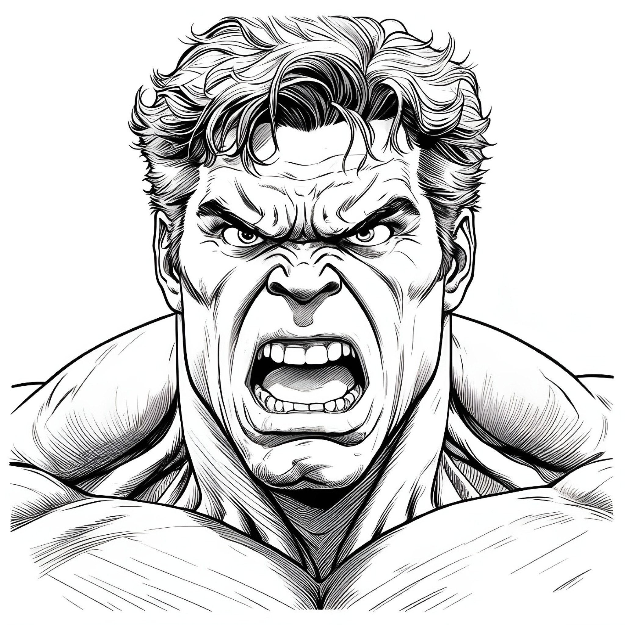 Hulk with a surprised expression Coloring Page (free black-and-white line drawing printable PDF for all, from beginners to advanced learners, including children, teens, adults, and seniors)
