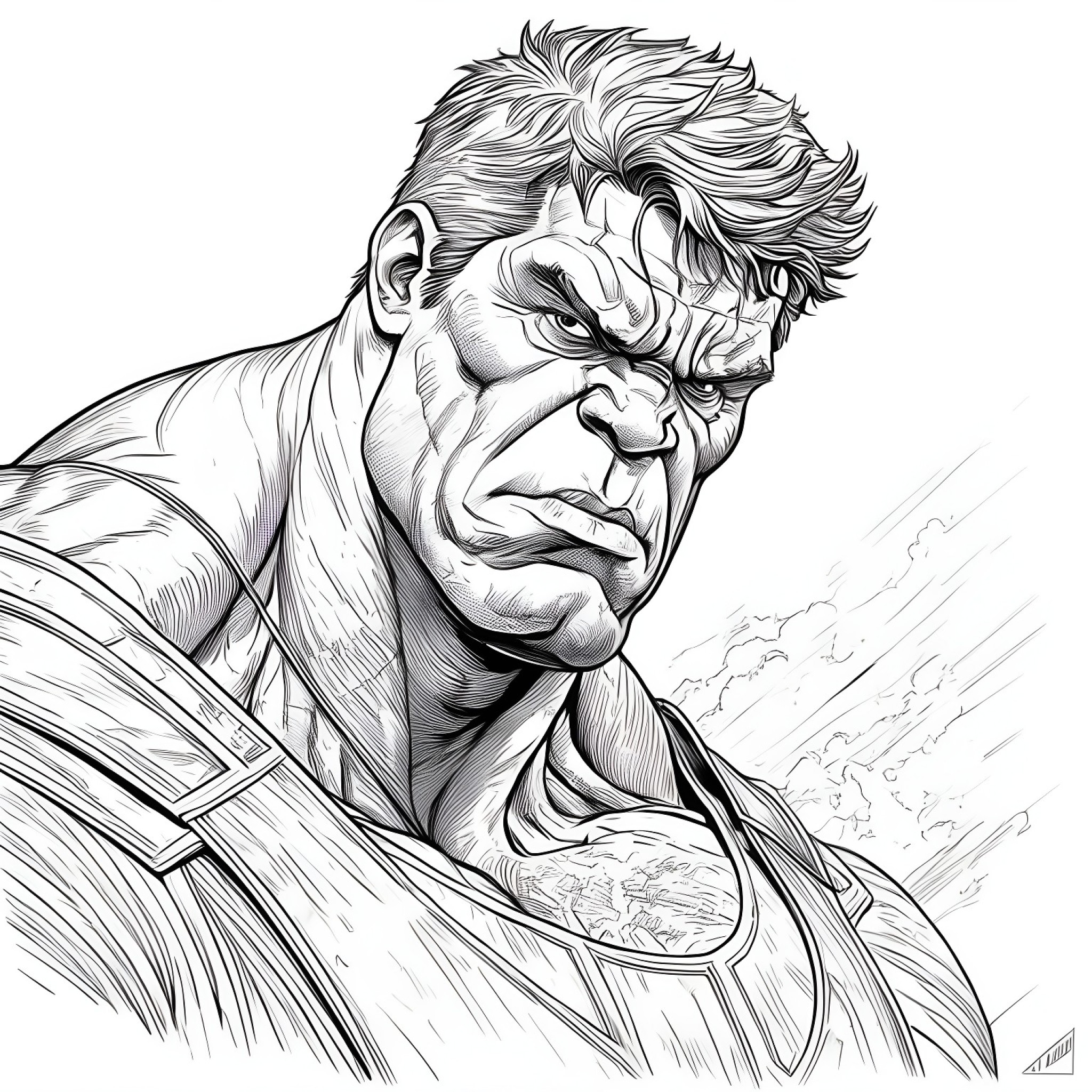 Hulk in deep concentration Coloring Page (free black-and-white line drawing printable PDF for all, from beginners to advanced learners, including children, teens, adults, and seniors)