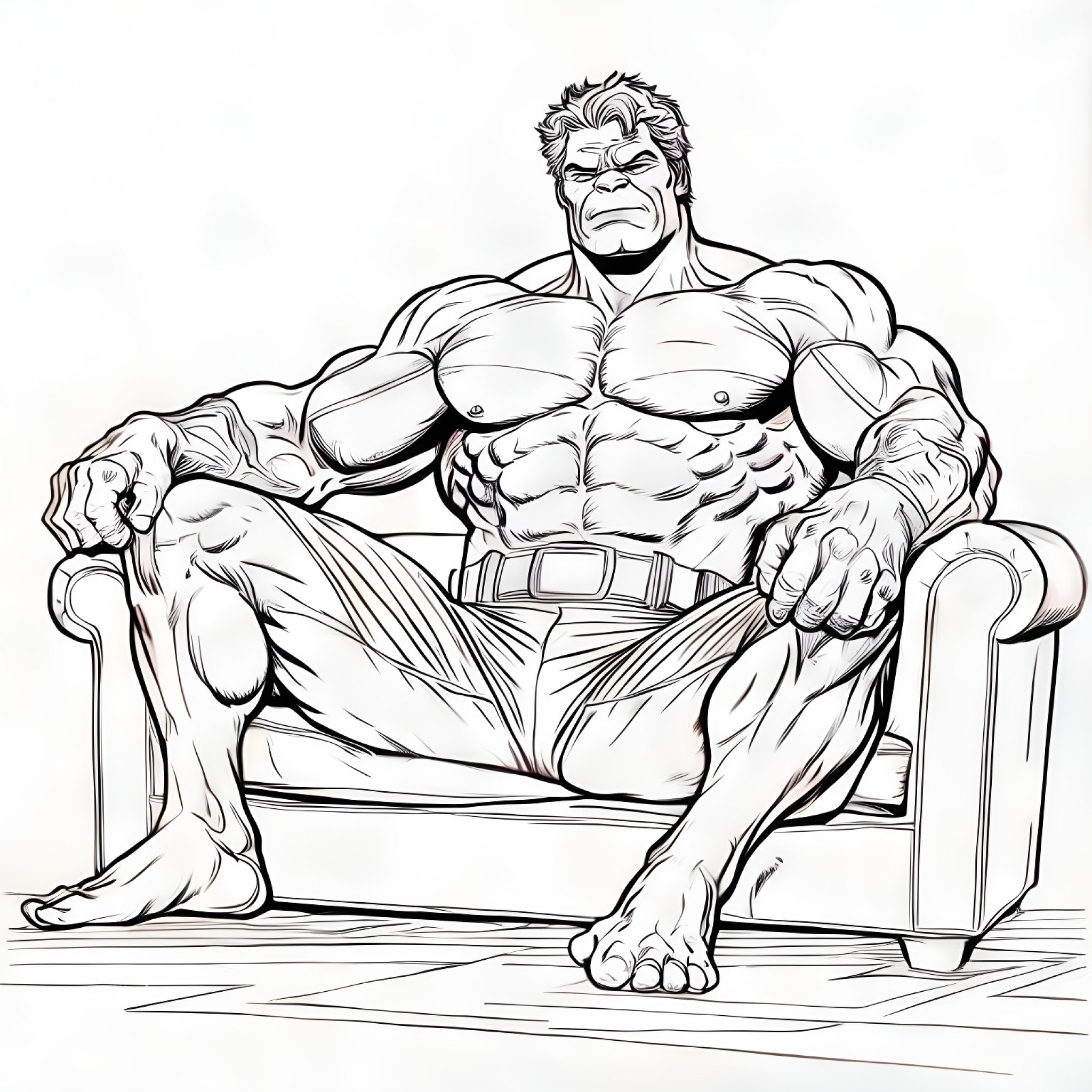 Hulk lounging in a relaxed manner Coloring Page (free black-and-white line drawing printable PDF for all, from beginners to advanced learners, including children, teens, adults, and seniors)