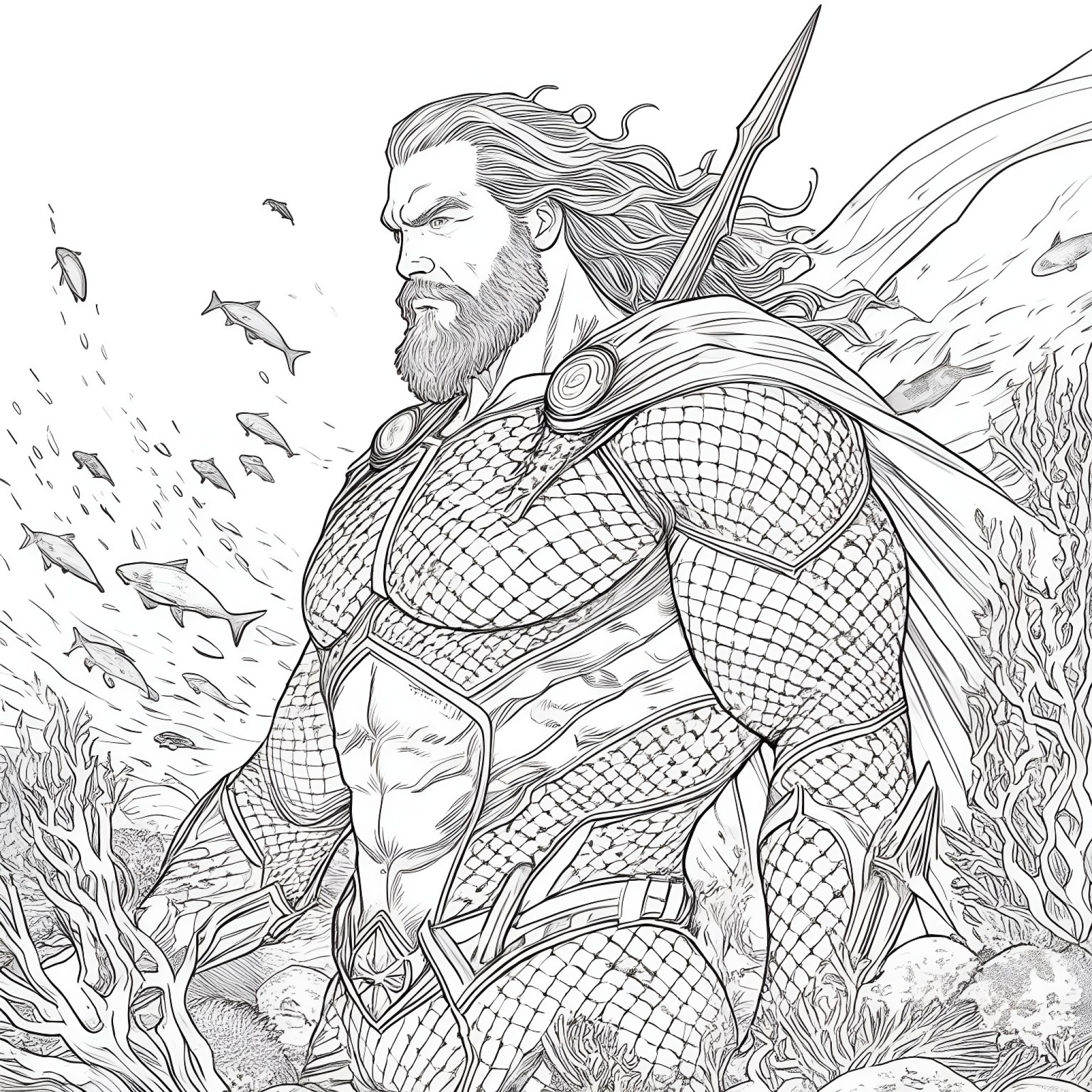 Aquaman protecting marine life Coloring Page (free black-and-white line drawing printable PDF for all, from beginners to advanced learners, including children, teens, adults, and seniors)