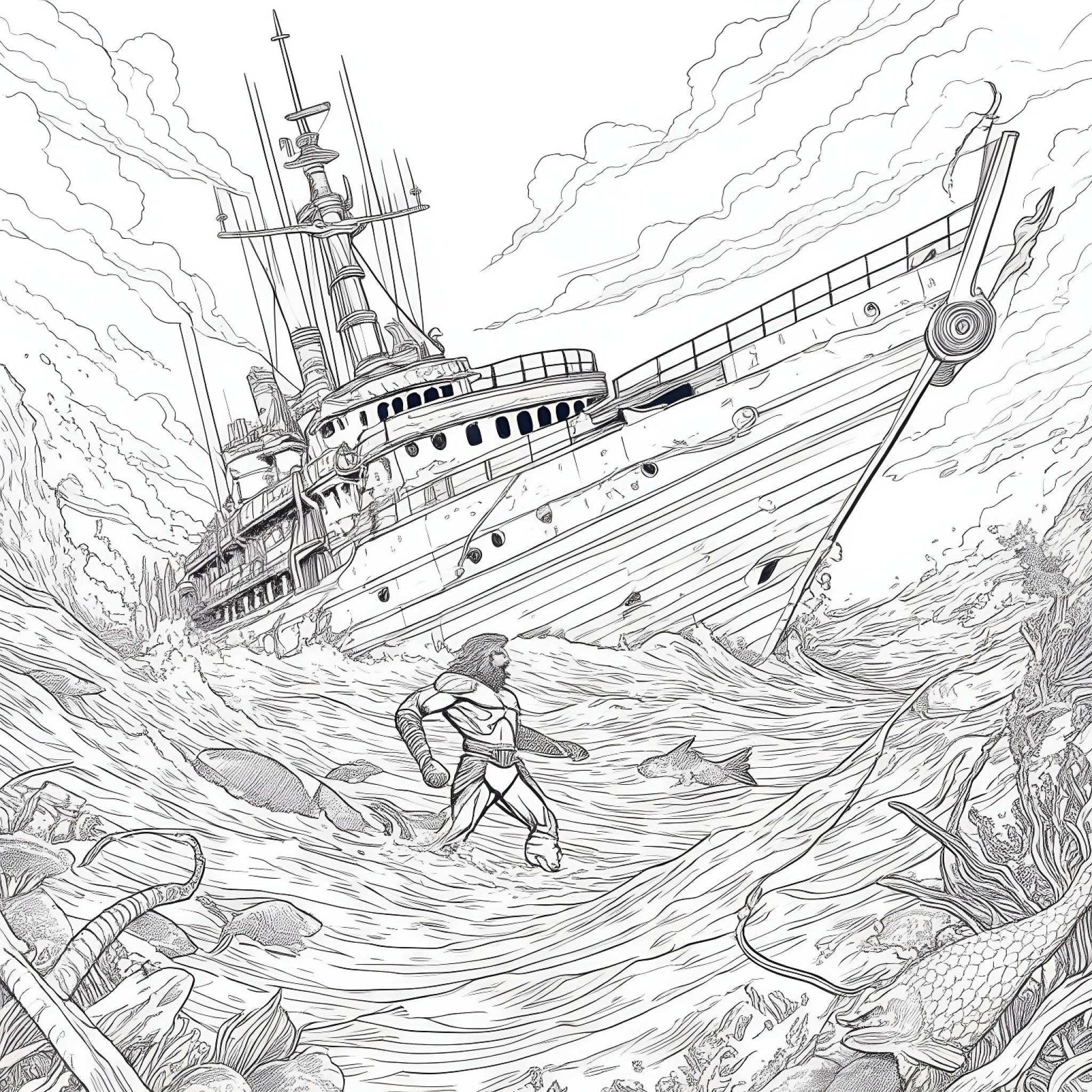 Aquaman exploring a sunken ship Coloring Page (free black-and-white line drawing printable PDF for all, from beginners to advanced learners, including children, teens, adults, and seniors)