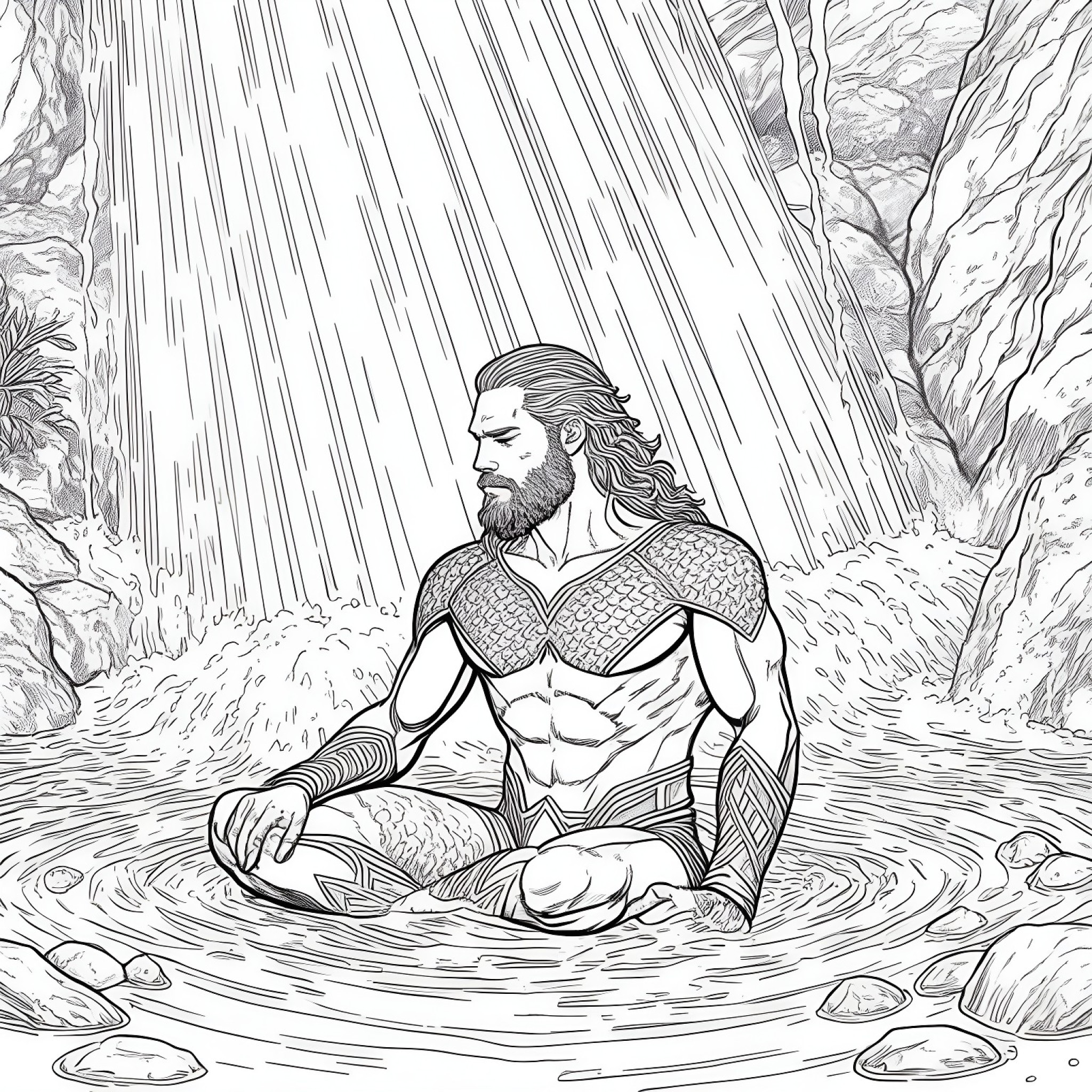 Aquaman meditating under a waterfall Coloring Page (free black-and-white line drawing printable PDF for all, from beginners to advanced learners, including children, teens, adults, and seniors)