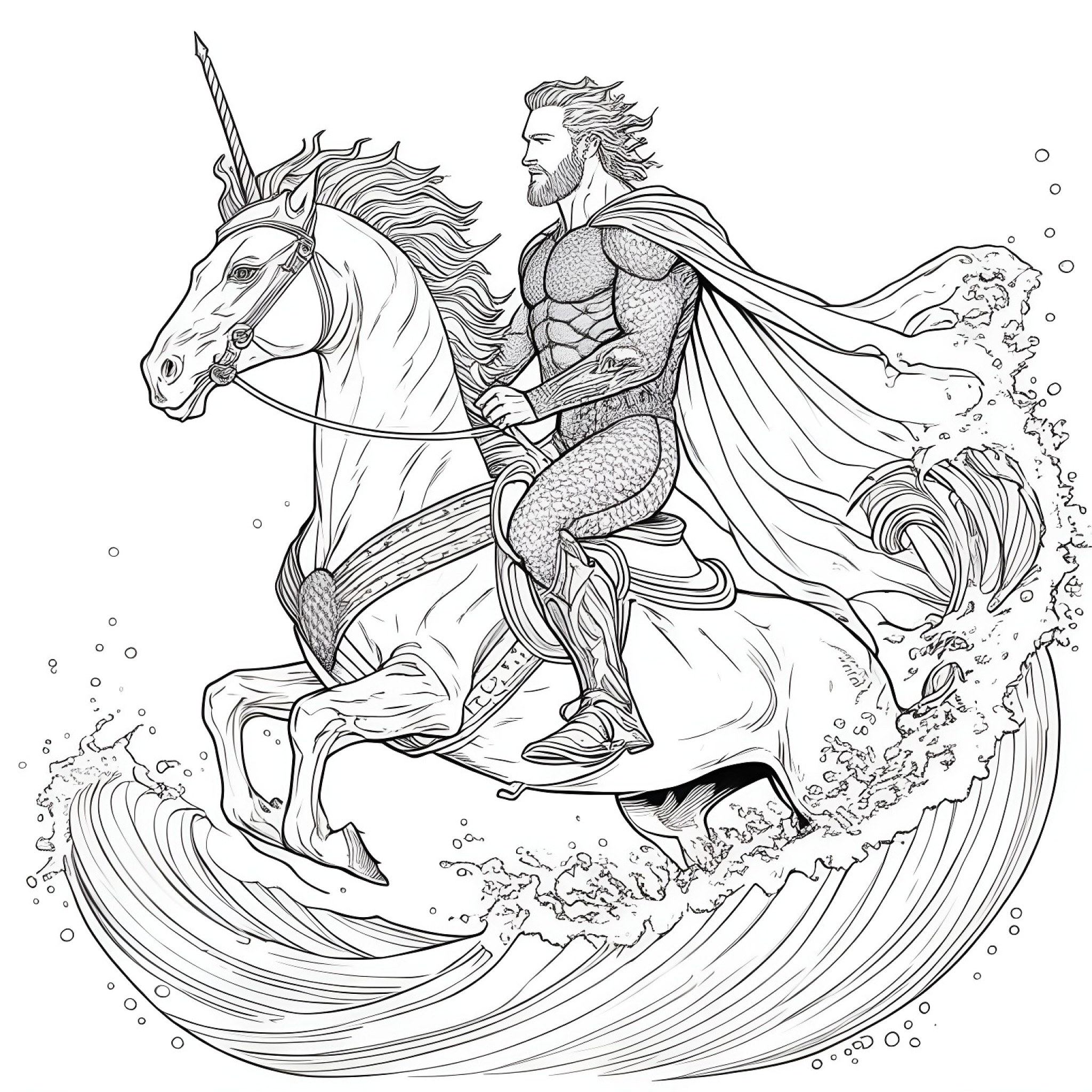 Aquaman riding a seahorse Coloring Page (free black-and-white line drawing printable PDF for all, from beginners to advanced learners, including children, teens, adults, and seniors)