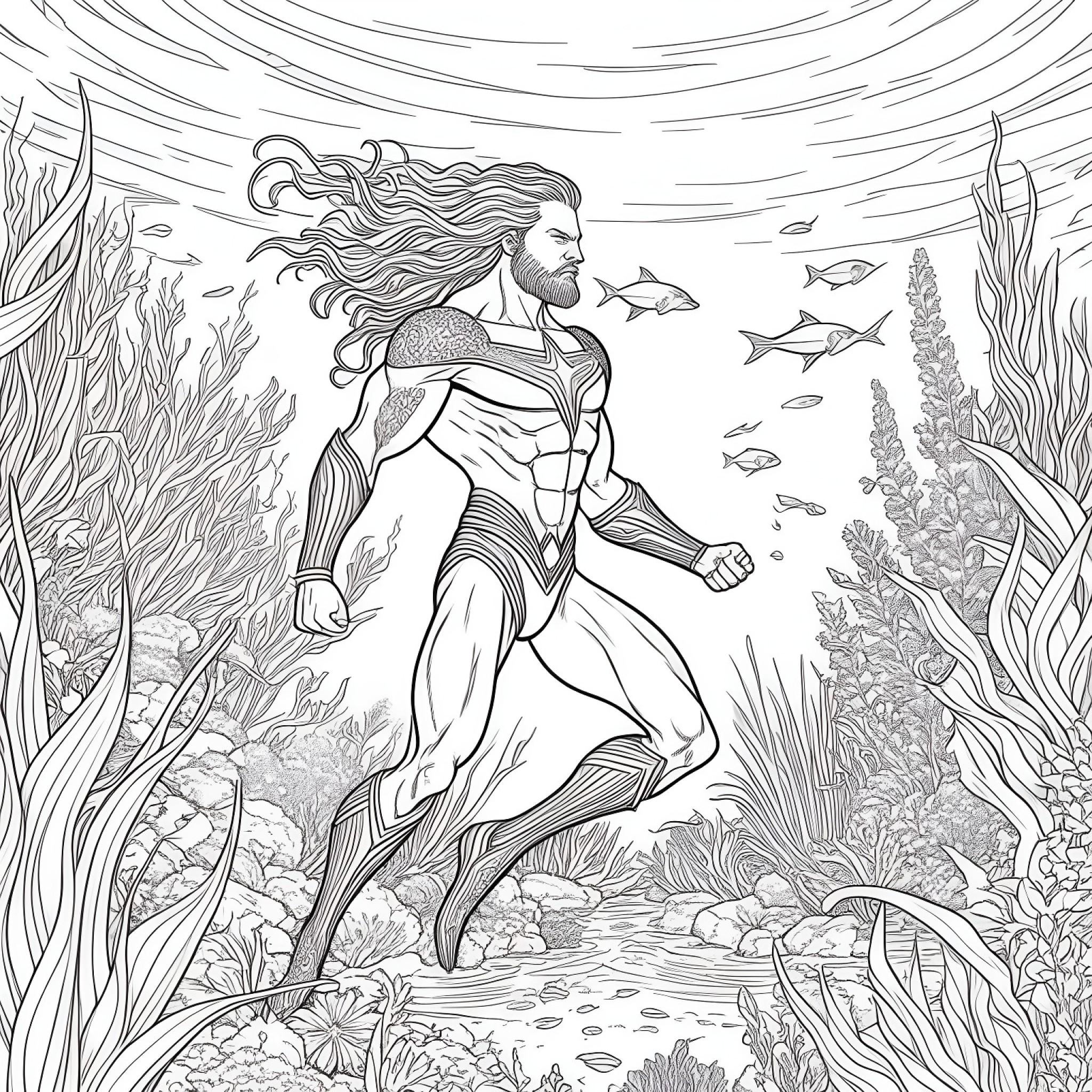 Aquaman in a peaceful underwater garden Coloring Page (free black-and-white line drawing printable PDF for all, from beginners to advanced learners, including children, teens, adults, and seniors)