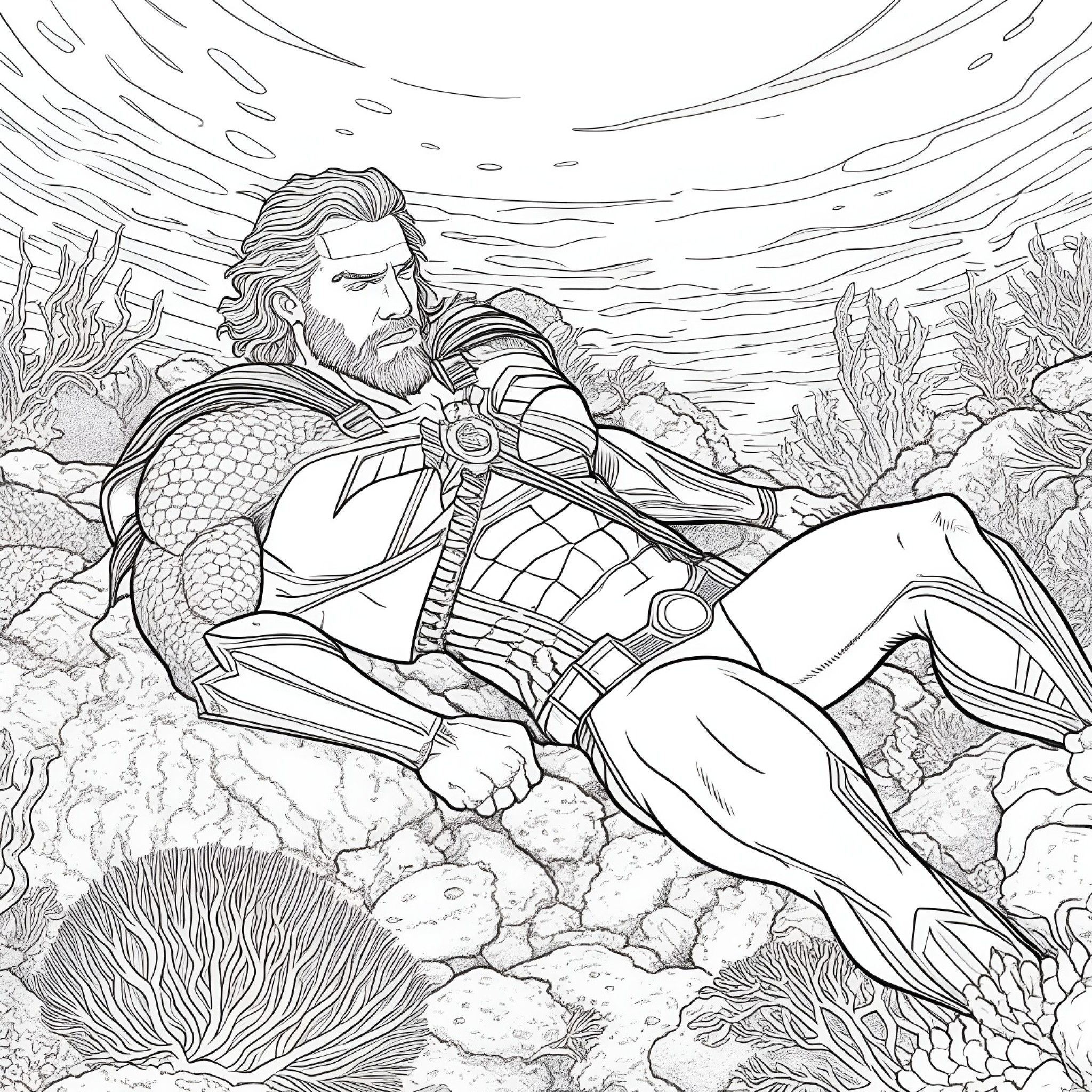 Aquaman resting on a coral reef Coloring Page (free black-and-white line drawing printable PDF for all, from beginners to advanced learners, including children, teens, adults, and seniors)