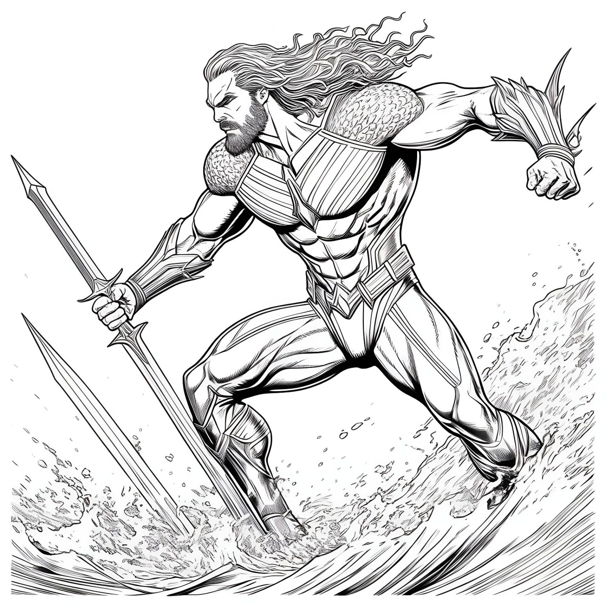 Aquaman intense battle stance Coloring Page (free black-and-white line drawing printable PDF for all, from beginners to advanced learners, including children, teens, adults, and seniors)