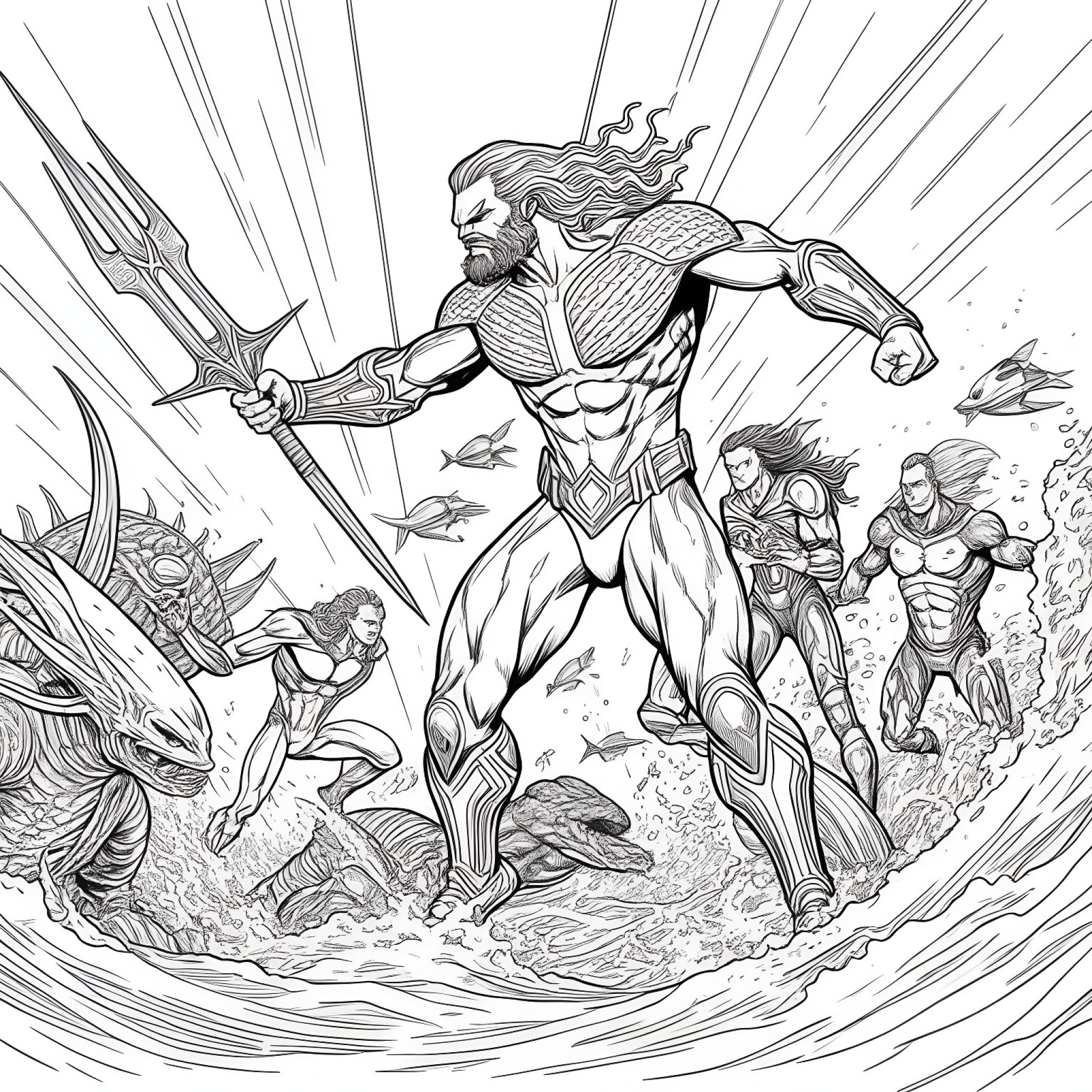 Aquaman fighting aliens Coloring Page (free black-and-white line drawing printable PDF for all, from beginners to advanced learners, including children, teens, adults, and seniors)