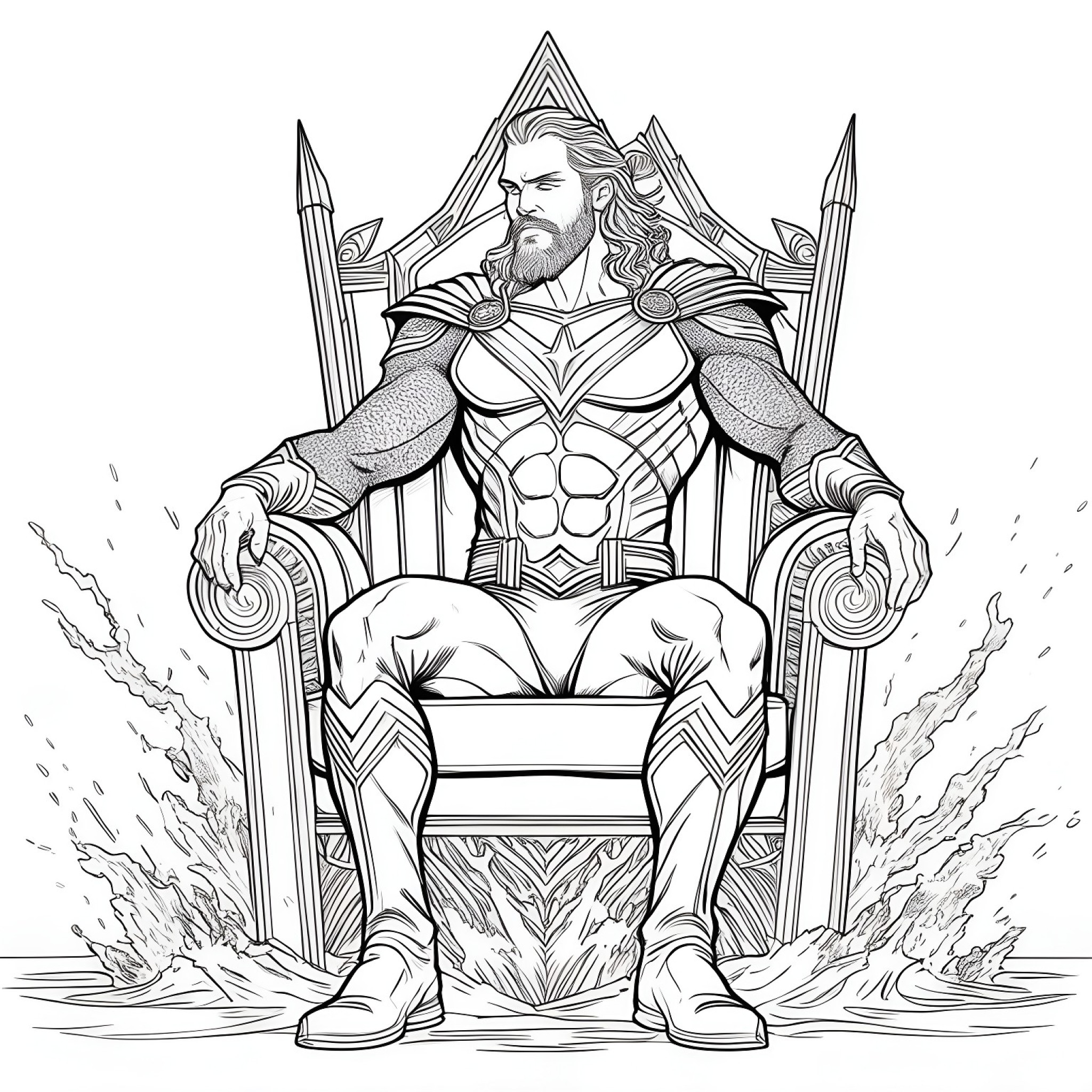 Aquaman sitting on throne Coloring Page (free black-and-white line drawing printable PDF for all, from beginners to advanced learners, including children, teens, adults, and seniors)