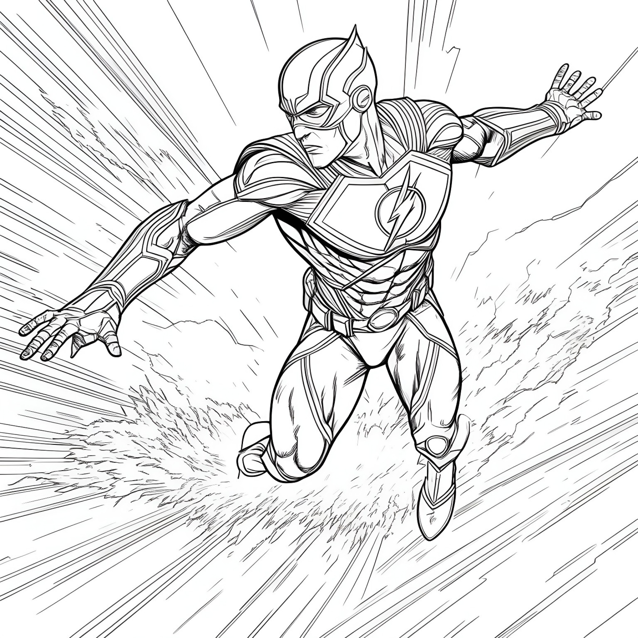 The Flash in a dynamic battle scene Coloring Page (free black-and-white line drawing printable PDF for all, from beginners to advanced learners, including children, teens, adults, and seniors)