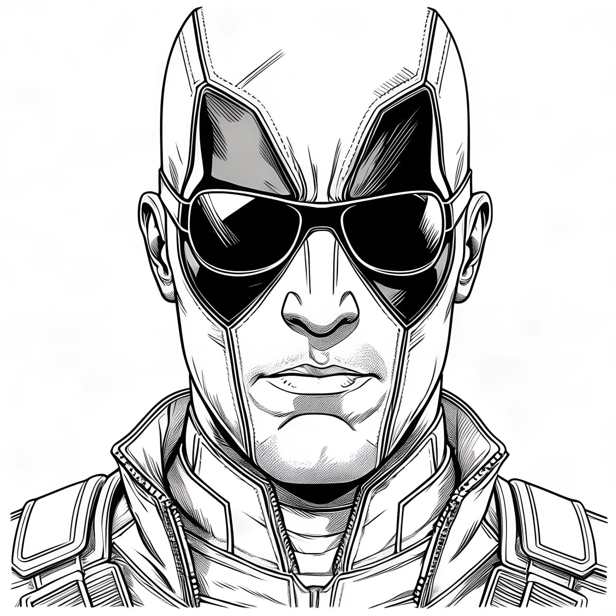 Deadpool wearing sunglasses Coloring Page (free black-and-white line drawing printable PDF for all, from beginners to advanced learners, including children, teens, adults, and seniors)