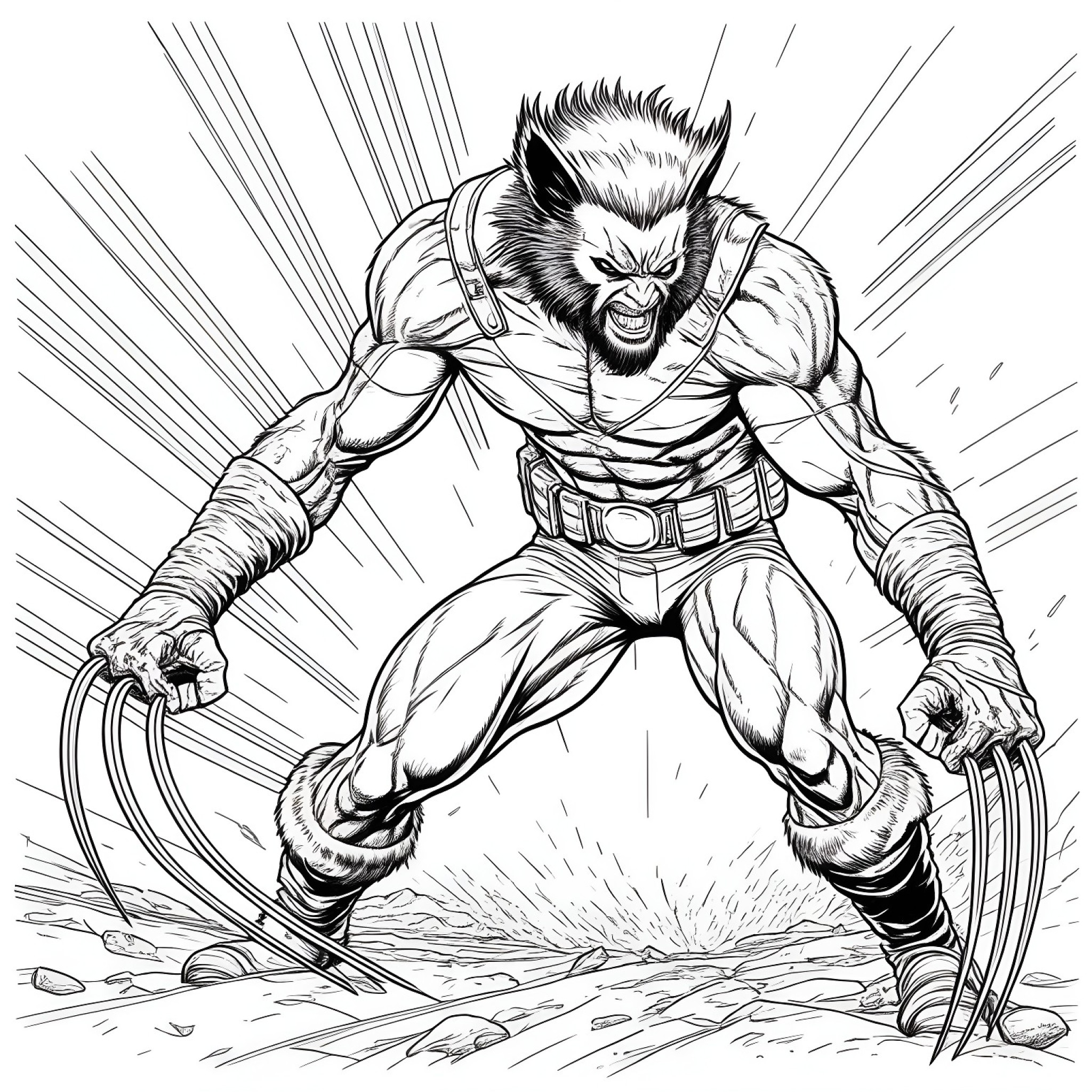 Wolverine with claws extended Coloring Page (free black-and-white line drawing printable PDF for all, from beginners to advanced learners, including children, teens, adults, and seniors)