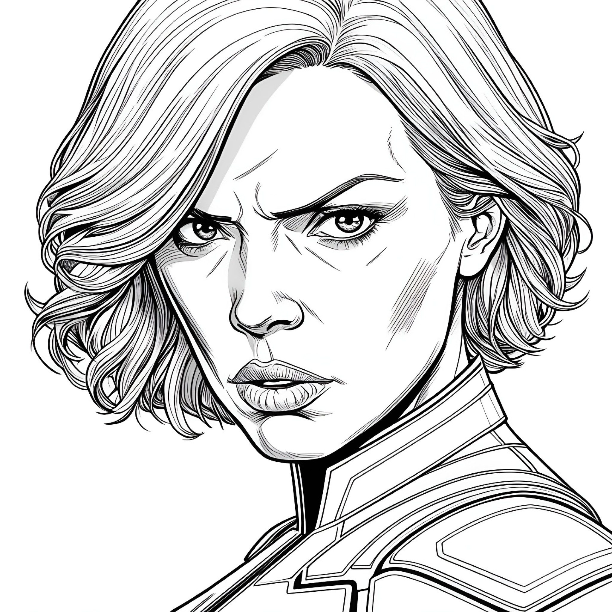 Black Widow with determined expression. Coloring Page (free black-and-white line drawing printable PDF for all, from beginners to advanced learners, including children, teens, adults, and seniors)
