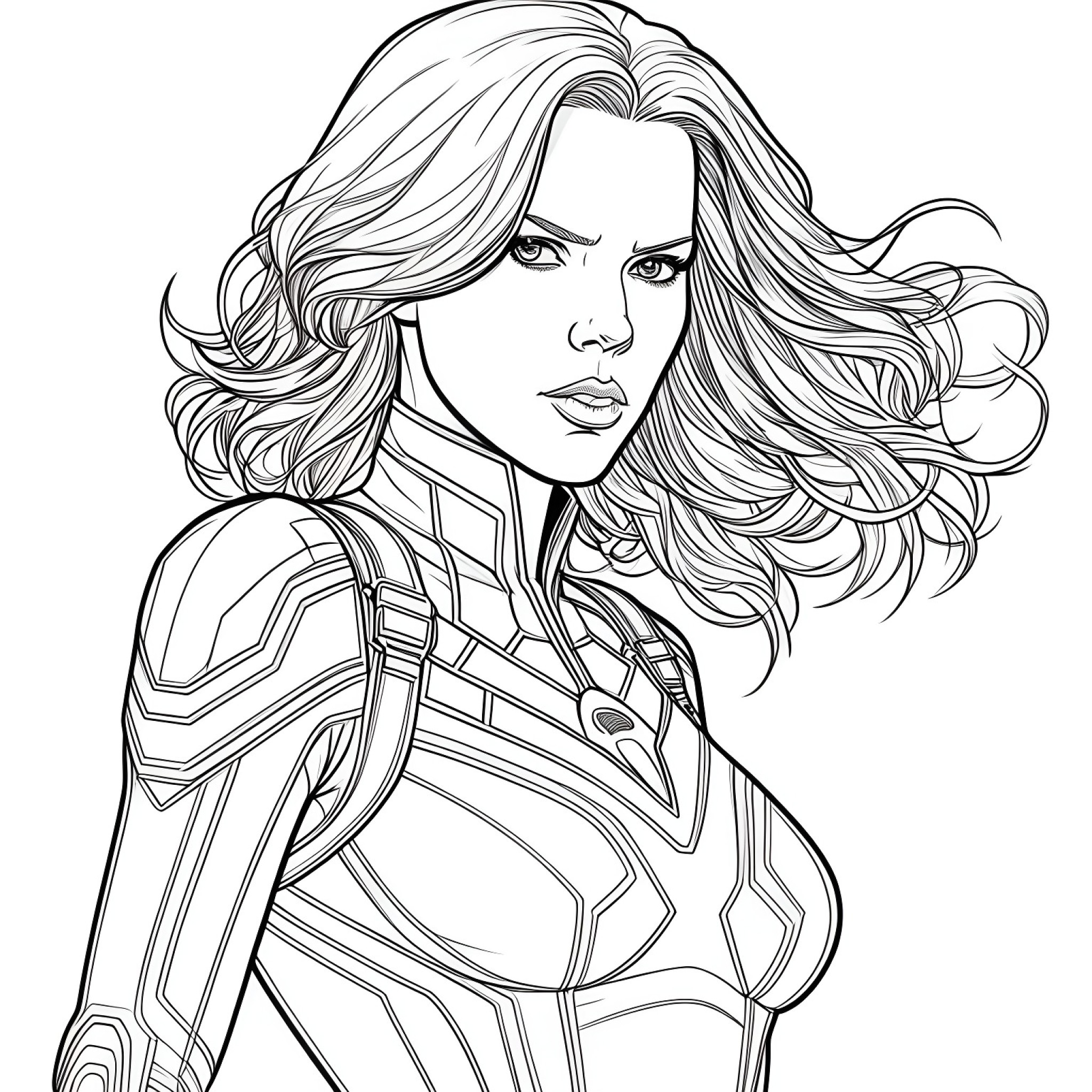 Black Widow in a cool and collected pose. Coloring Page (free black-and-white line drawing printable PDF for all, from beginners to advanced learners, including children, teens, adults, and seniors)