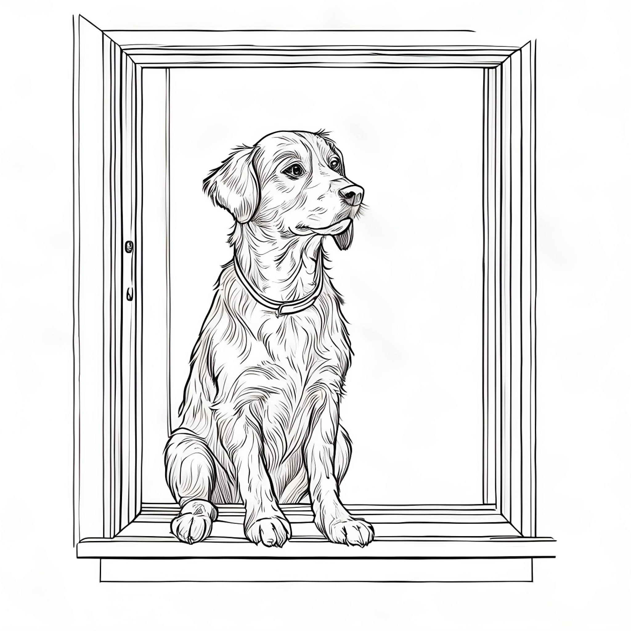 Dog looking out of a window Coloring Page (free black-and-white line drawing printable PDF for all, from beginners to advanced learners, including children, teens, adults, and seniors)