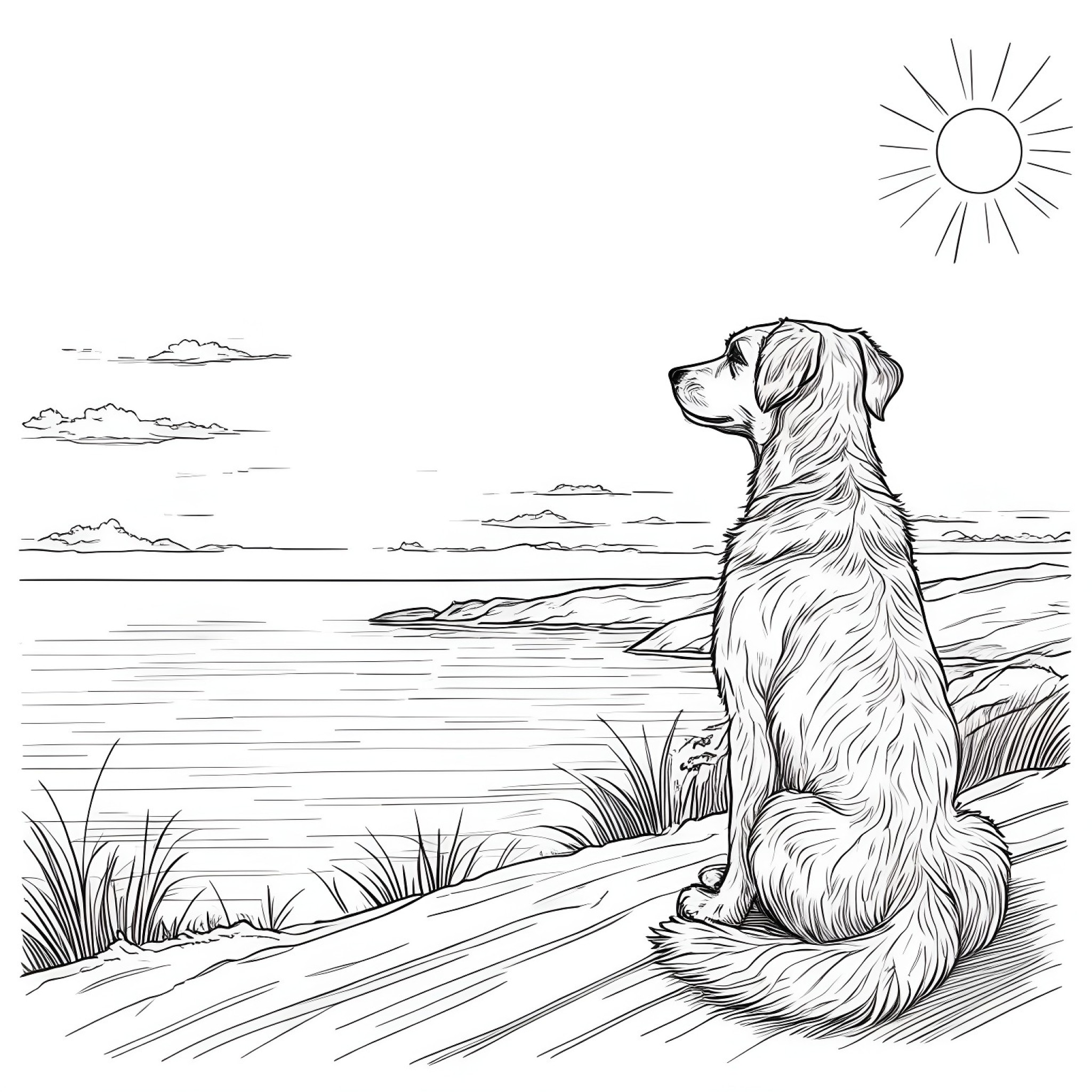 Dog watching the sunset Coloring Page (free black-and-white line drawing printable PDF for all, from beginners to advanced learners, including children, teens, adults, and seniors)