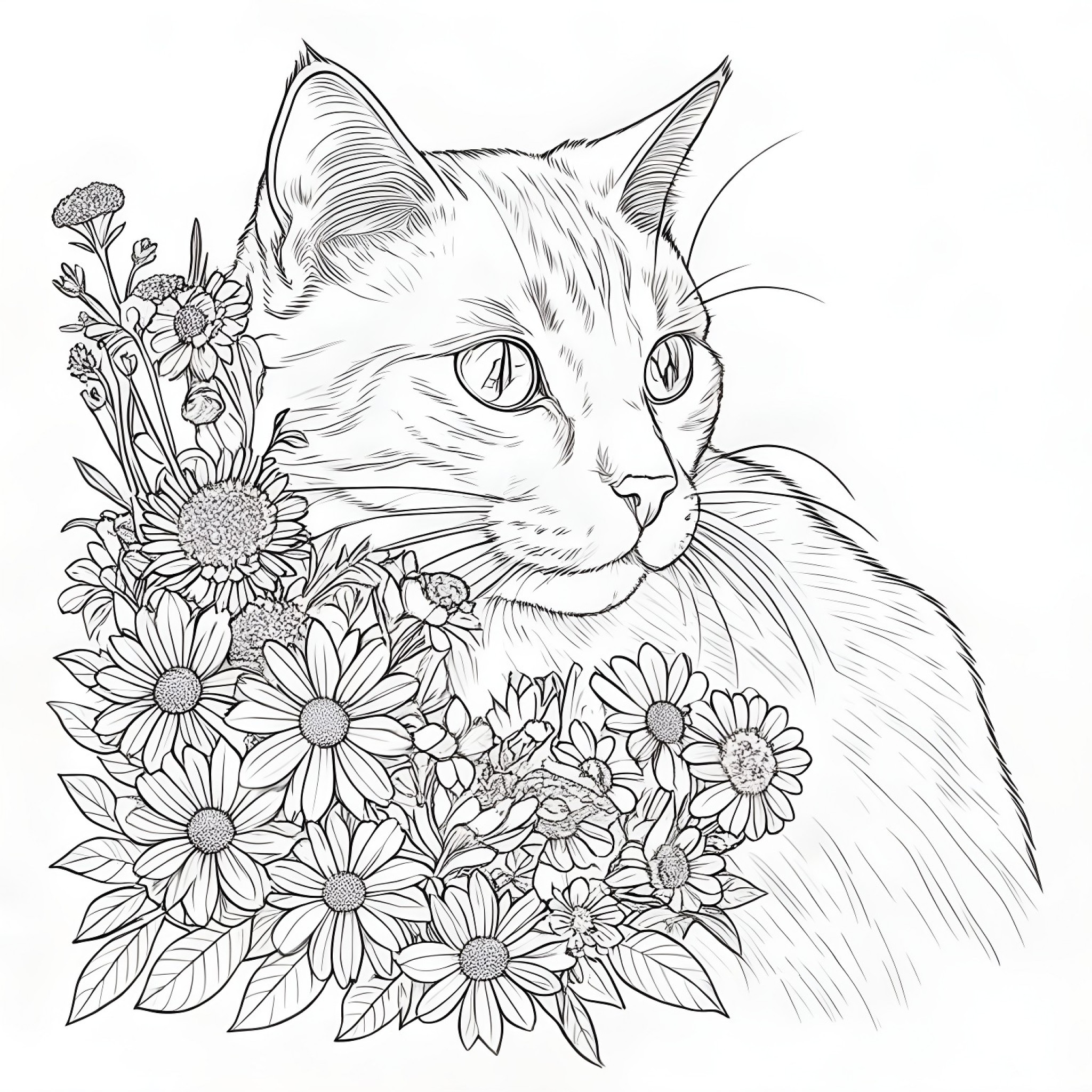 Cat sniffing a bouquet of colorful flowers Coloring Page (free black-and-white line drawing printable PDF for all, from beginners to advanced learners, including children, teens, adults, and seniors)