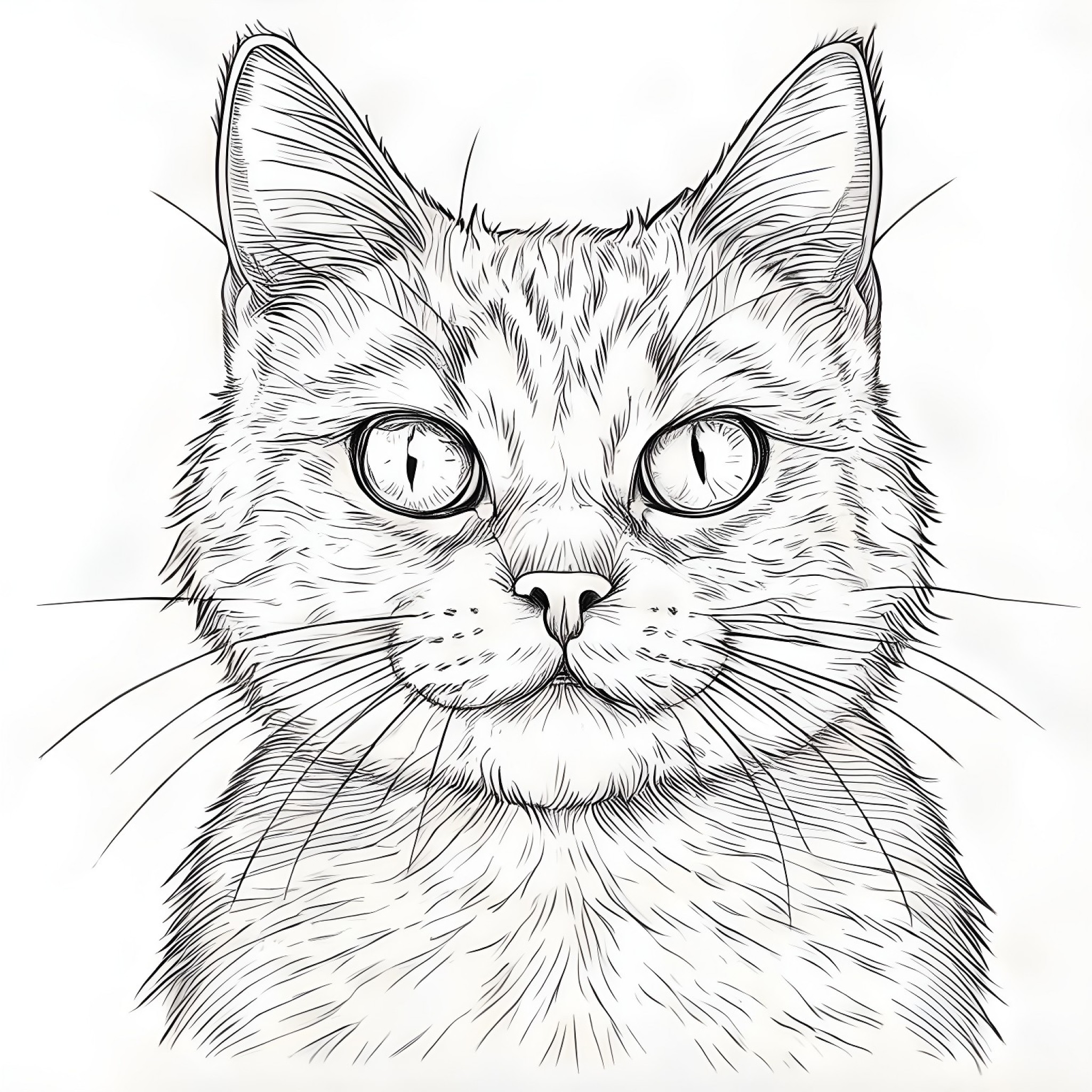 Cat close-up face Coloring Page (free black-and-white line drawing printable PDF for all, from beginners to advanced learners, including children, teens, adults, and seniors)