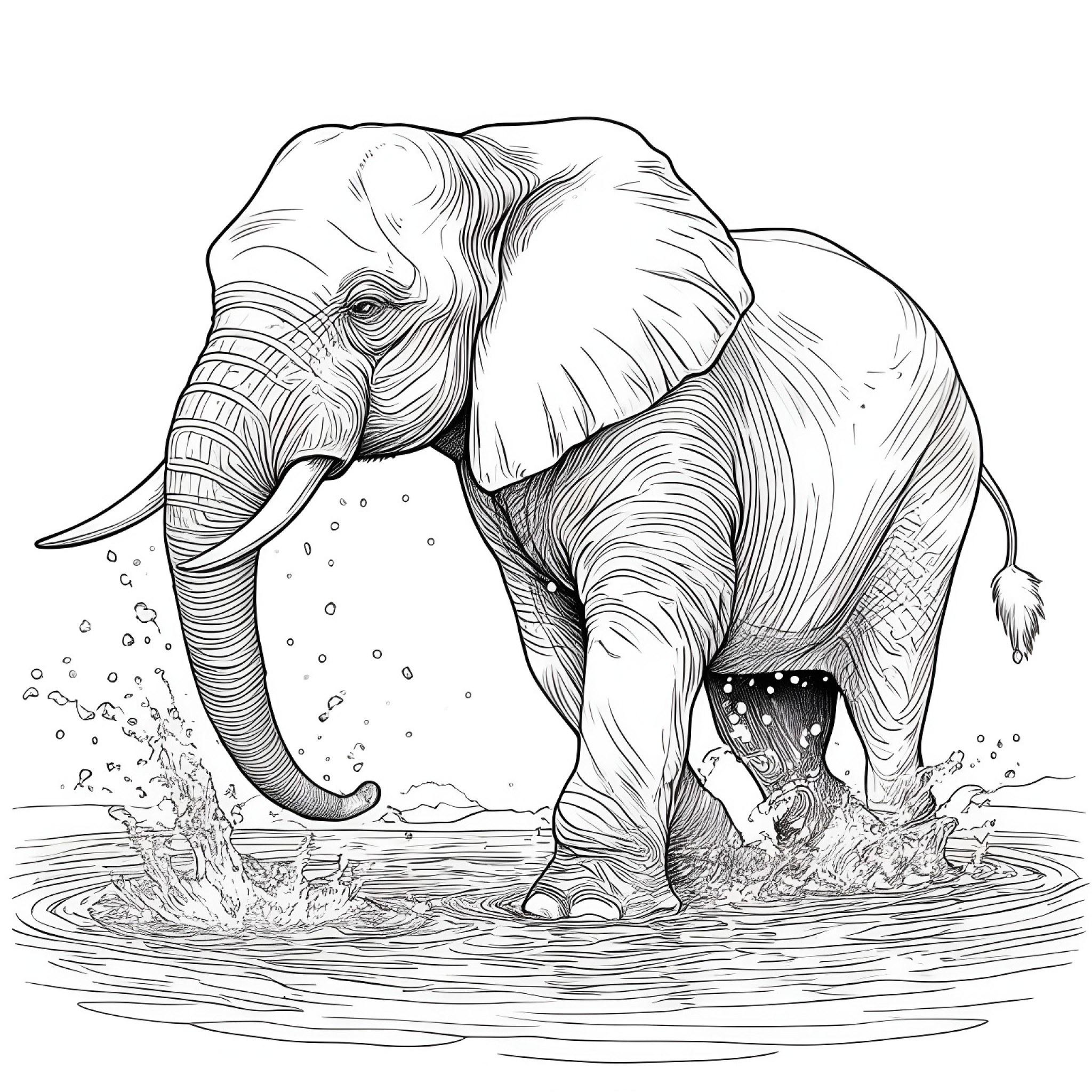 Elephant playing with water Coloring Page (free black-and-white line drawing printable PDF for all, from beginners to advanced learners, including children, teens, adults, and seniors)