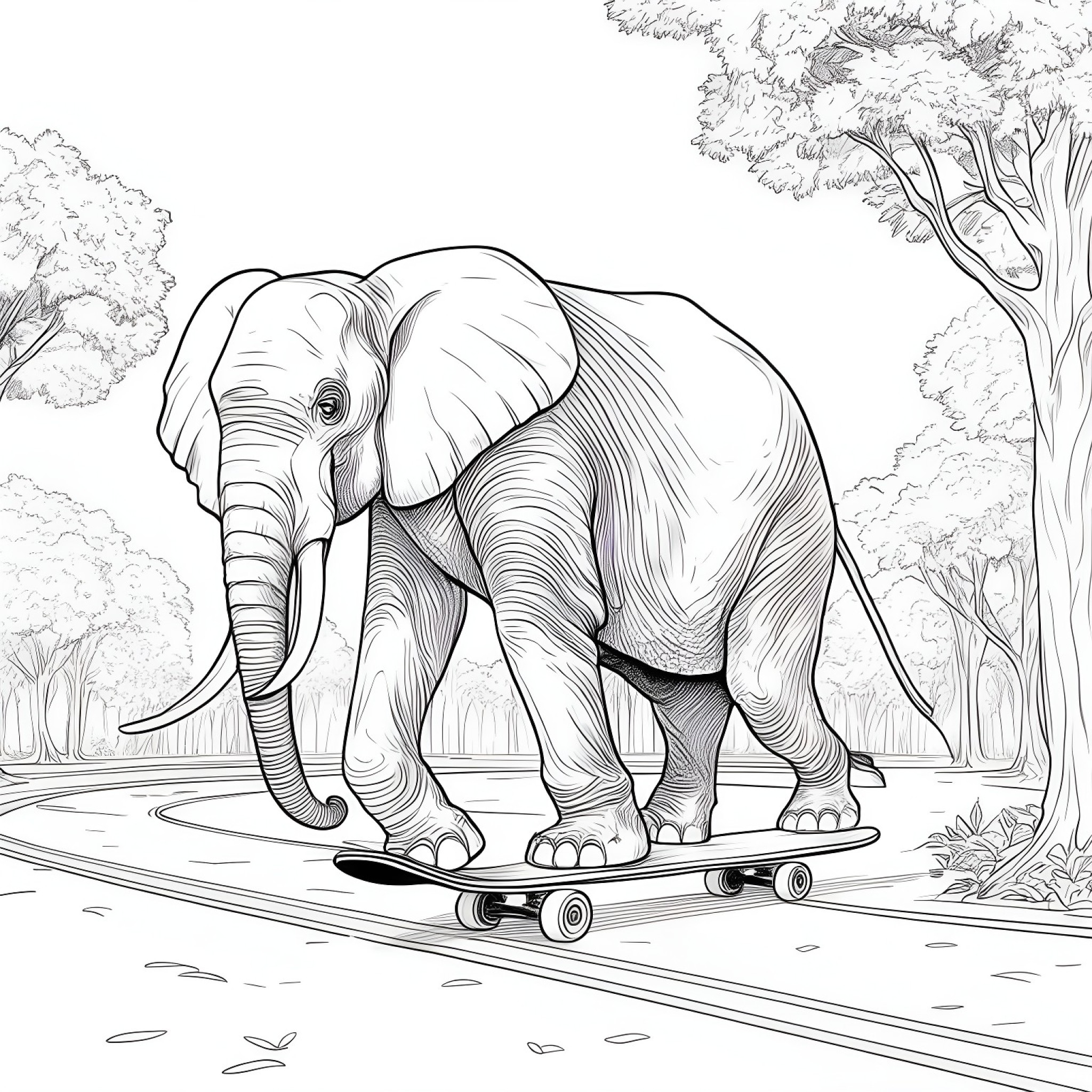 Elephant skateboarding in a park Coloring Page (free black-and-white line drawing printable PDF for all, from beginners to advanced learners, including children, teens, adults, and seniors)