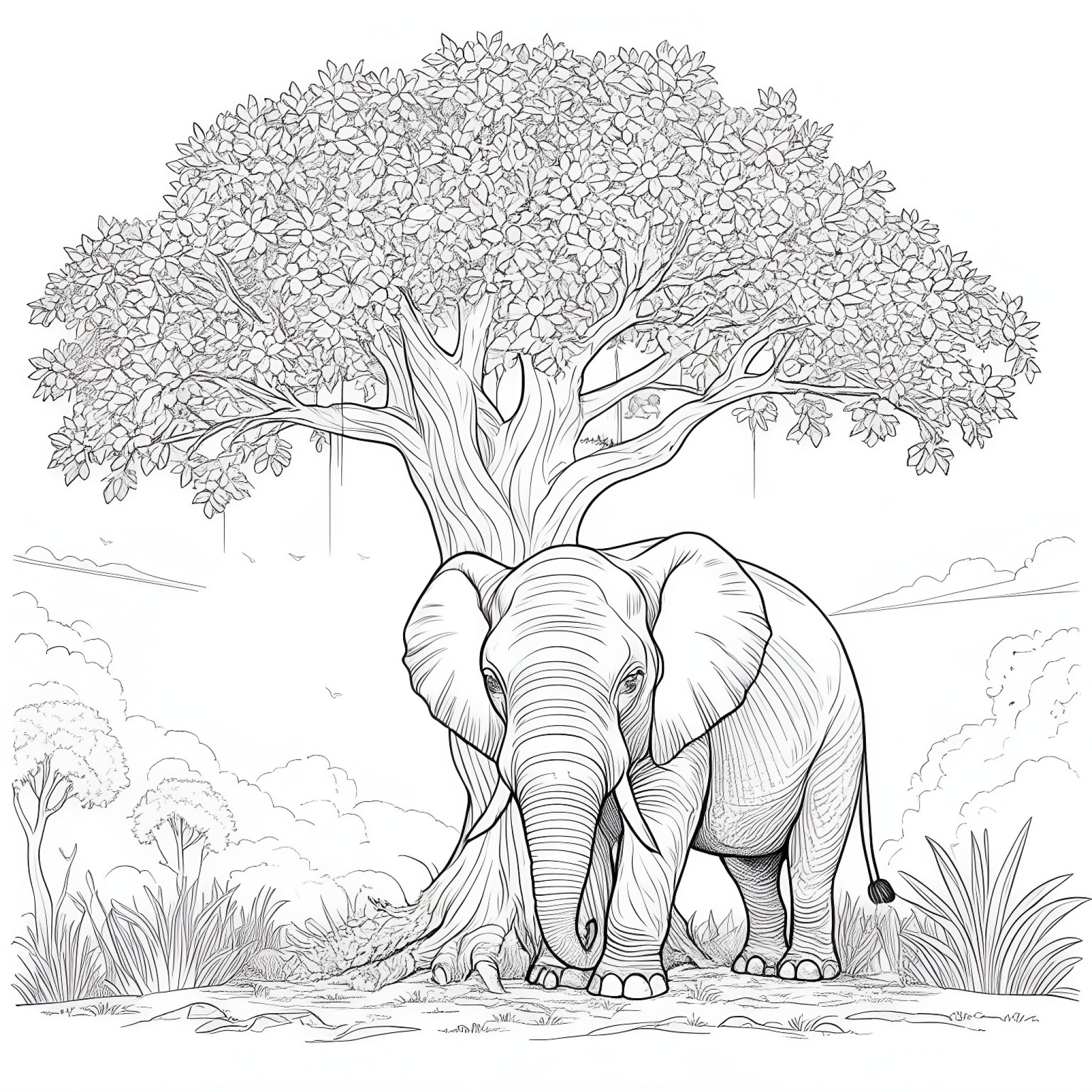 Elephant under a tree Coloring Page (free black-and-white line drawing printable PDF for all, from beginners to advanced learners, including children, teens, adults, and seniors)