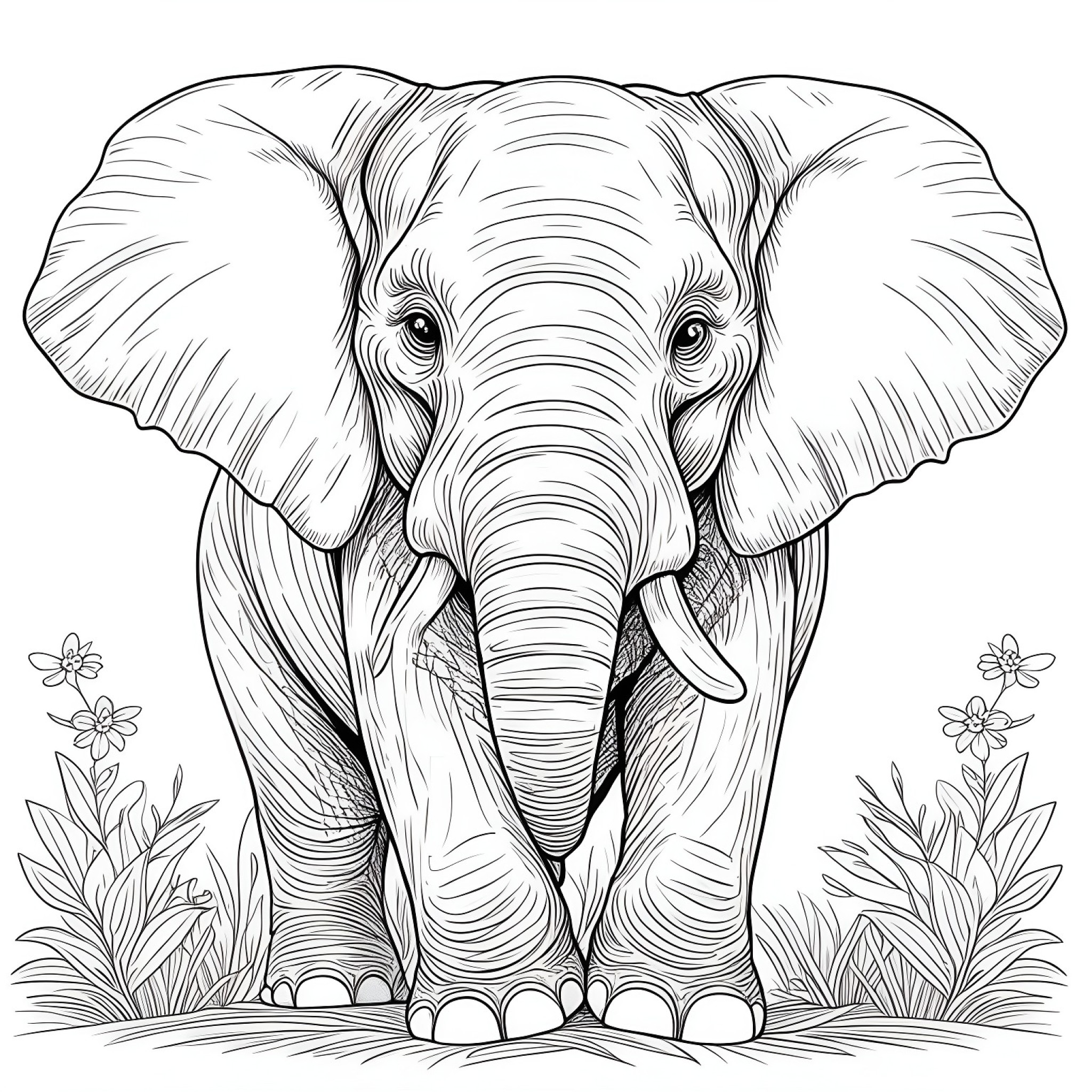 Elephant and flowers Coloring Page (free black-and-white line drawing printable PDF for all, from beginners to advanced learners, including children, teens, adults, and seniors)