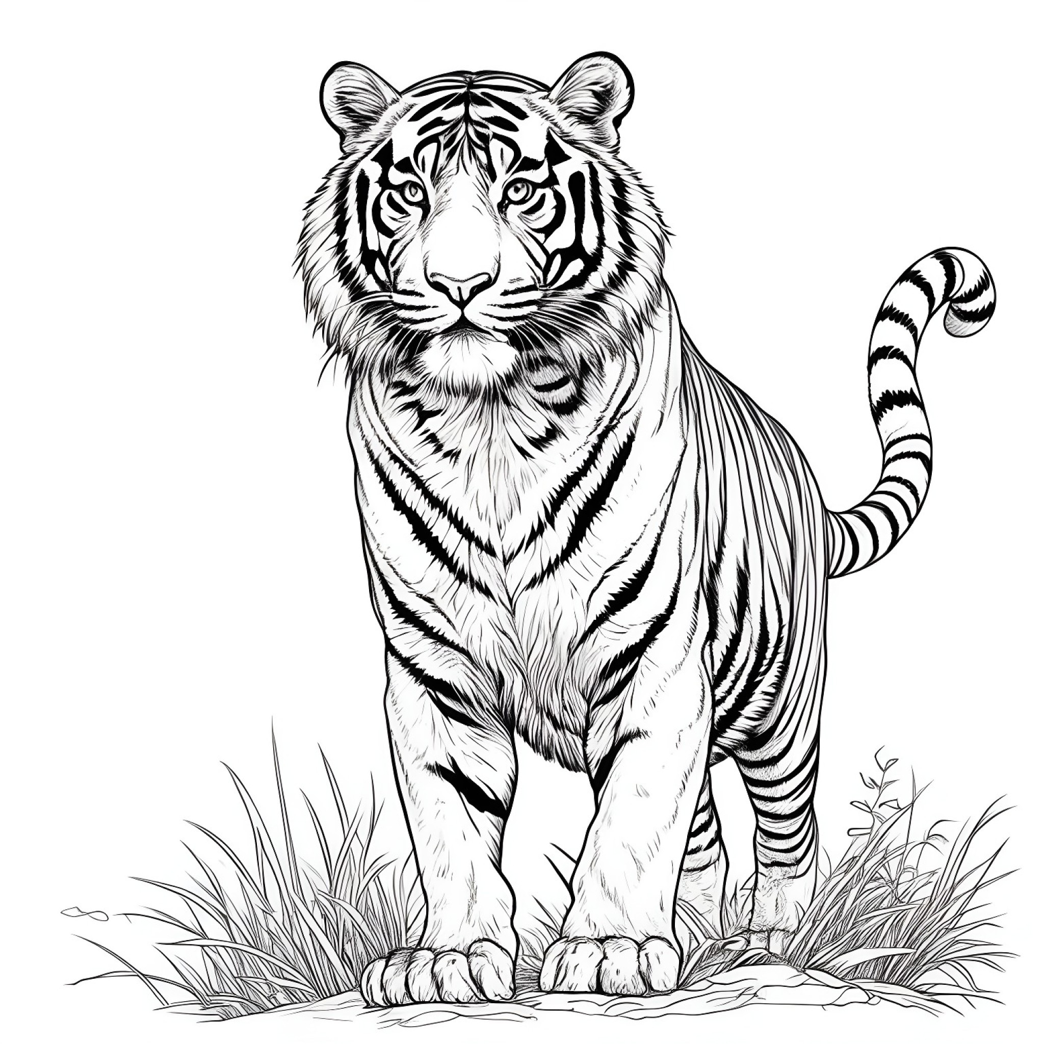 Tiger standing majestically Coloring Page (free black-and-white line drawing printable PDF for all, from beginners to advanced learners, including children, teens, adults, and seniors)