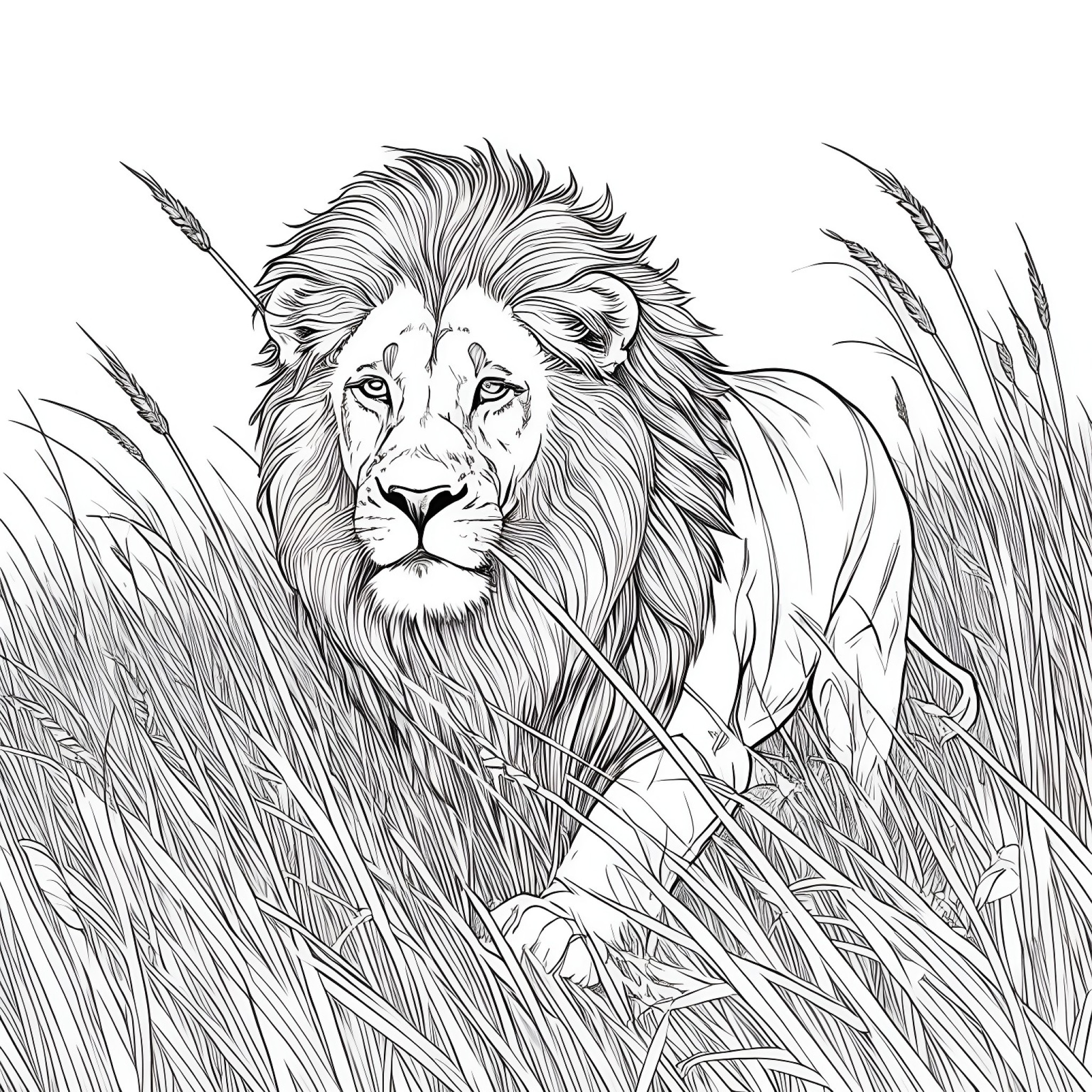 Lion hunting in tall grass Coloring Page (free black-and-white line drawing printable PDF for all, from beginners to advanced learners, including children, teens, adults, and seniors)