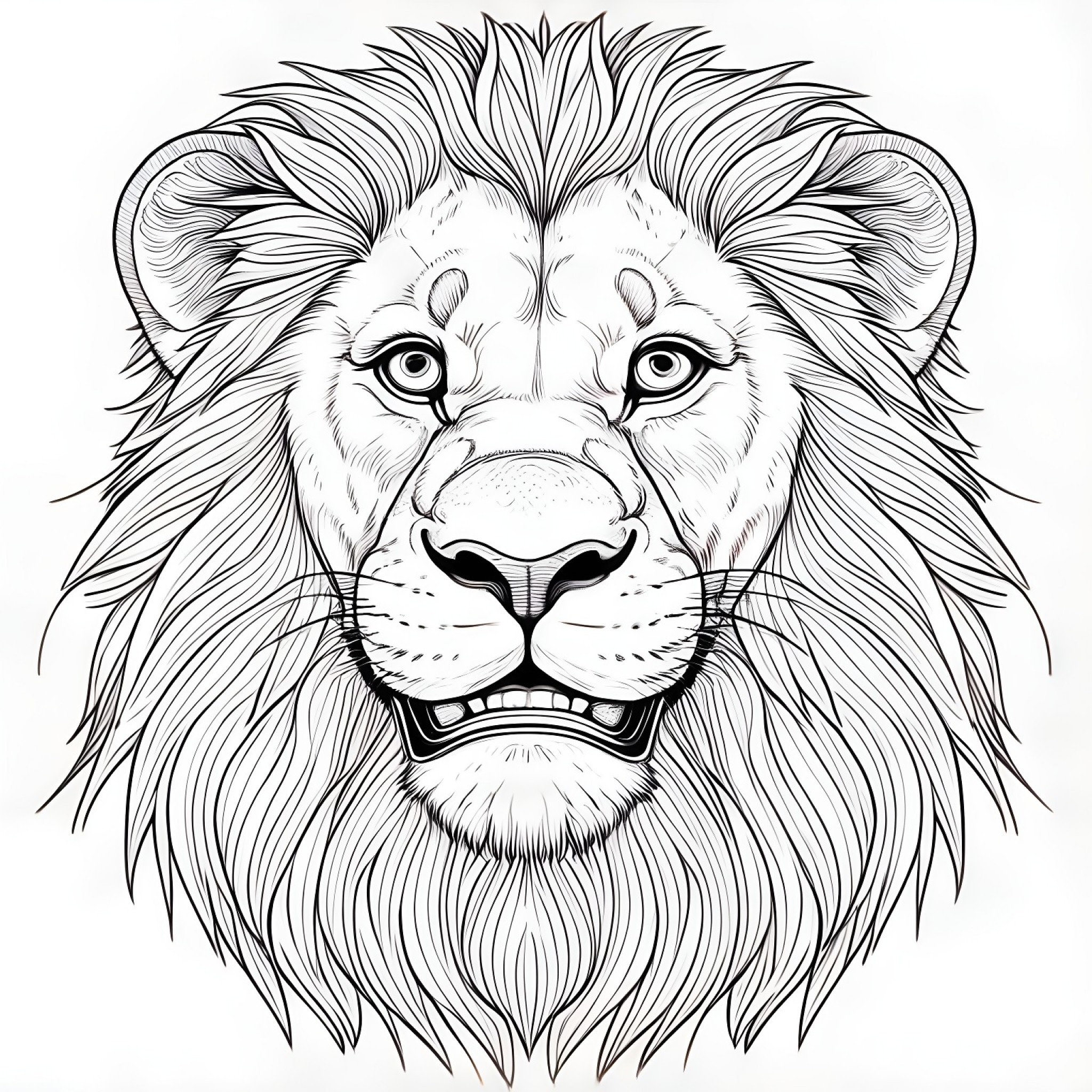 Lion with a grin Coloring Page (free black-and-white line drawing printable PDF for all, from beginners to advanced learners, including children, teens, adults, and seniors)
