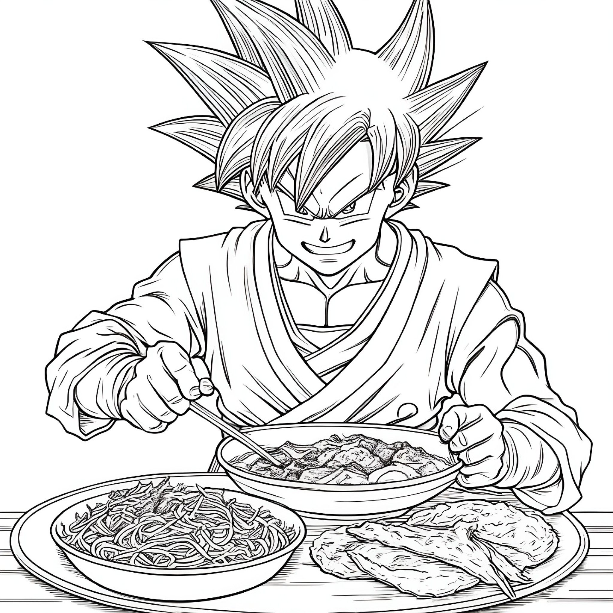 Son Goku eating a meal Coloring Page (free black-and-white line drawing printable PDF for all, from beginners to advanced learners, including children, teens, adults, and seniors)