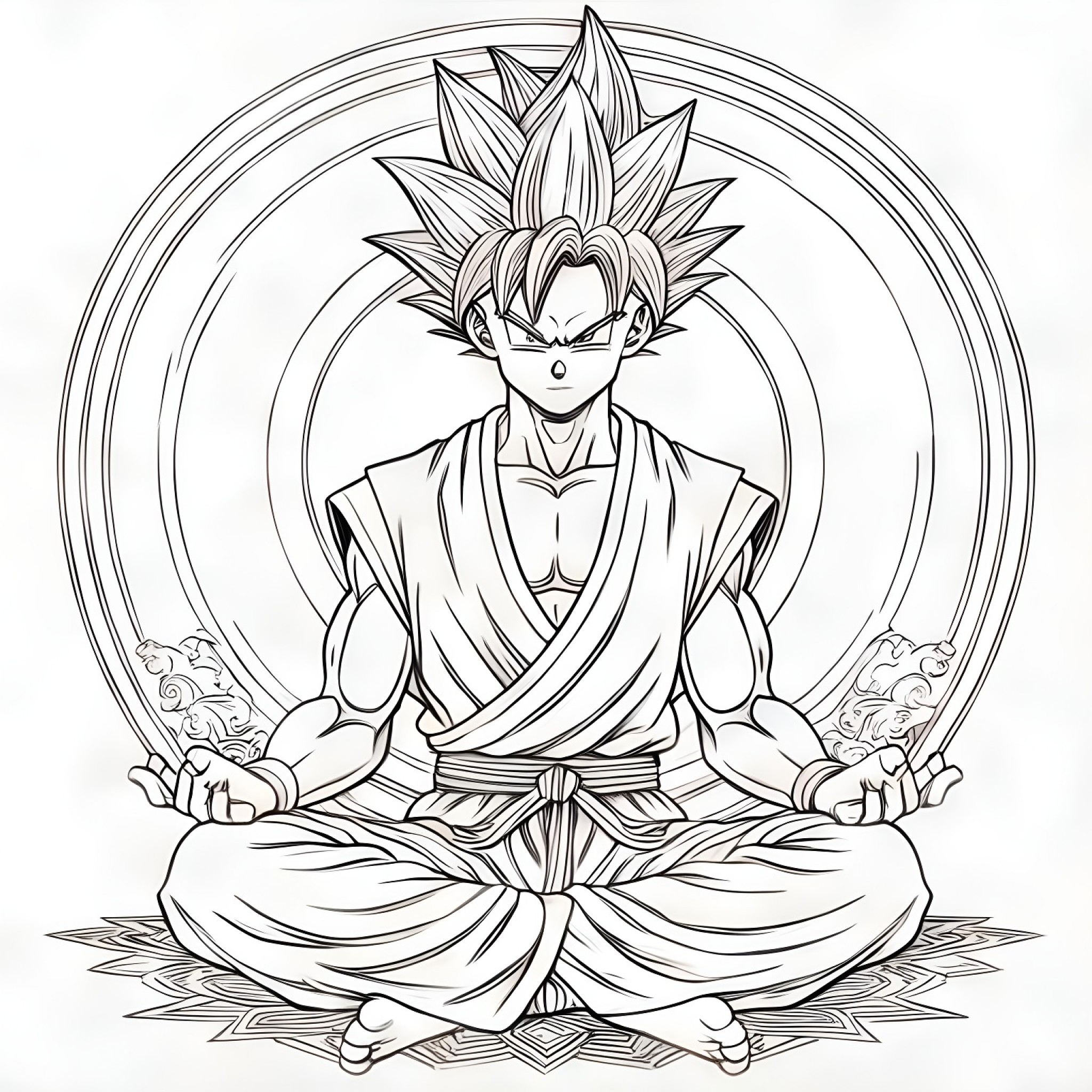 Son Goku in meditation Coloring Page (free black-and-white line drawing printable PDF for all, from beginners to advanced learners, including children, teens, adults, and seniors)