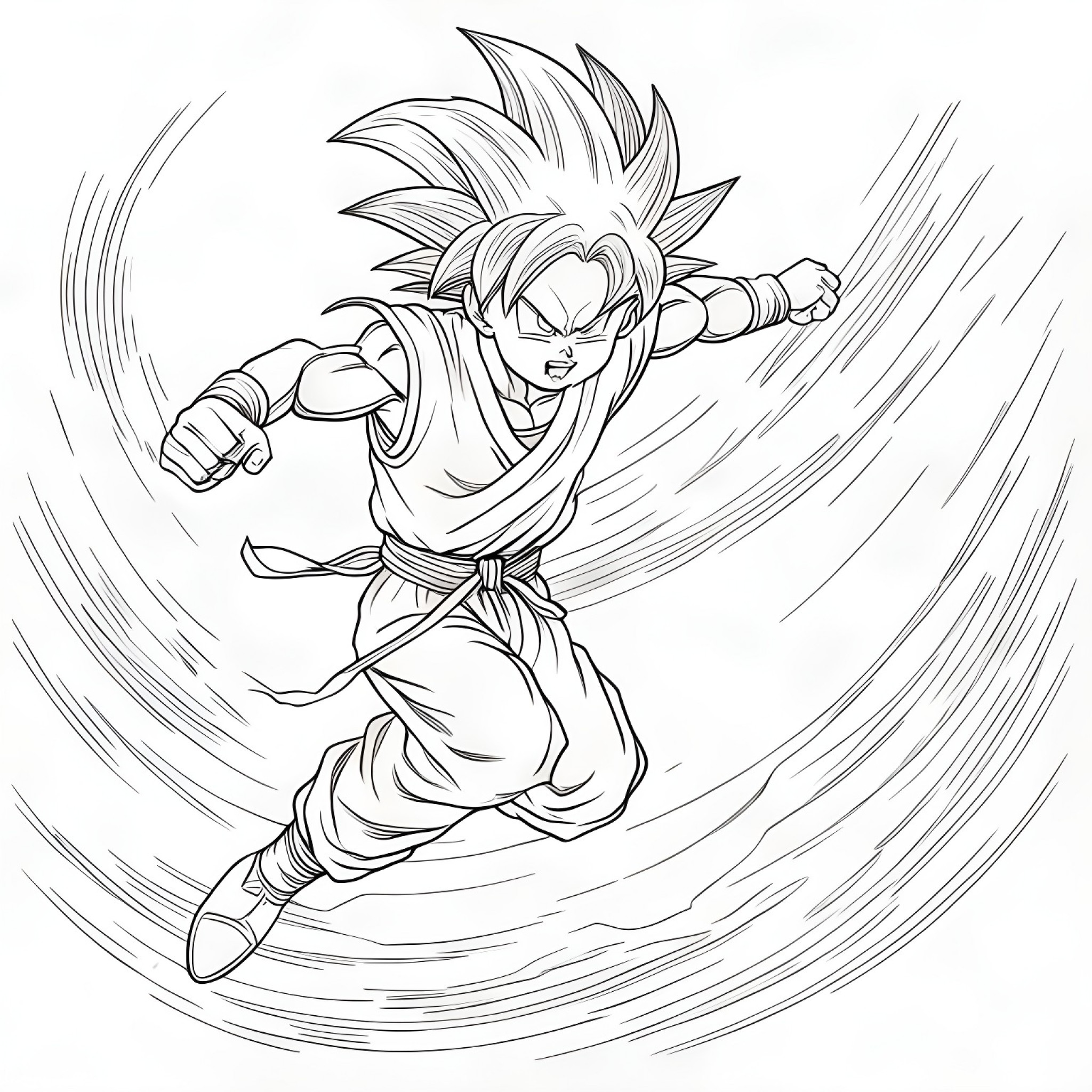 Son Goku flying with Nimbus Coloring Page (free black-and-white line drawing printable PDF for all, from beginners to advanced learners, including children, teens, adults, and seniors)