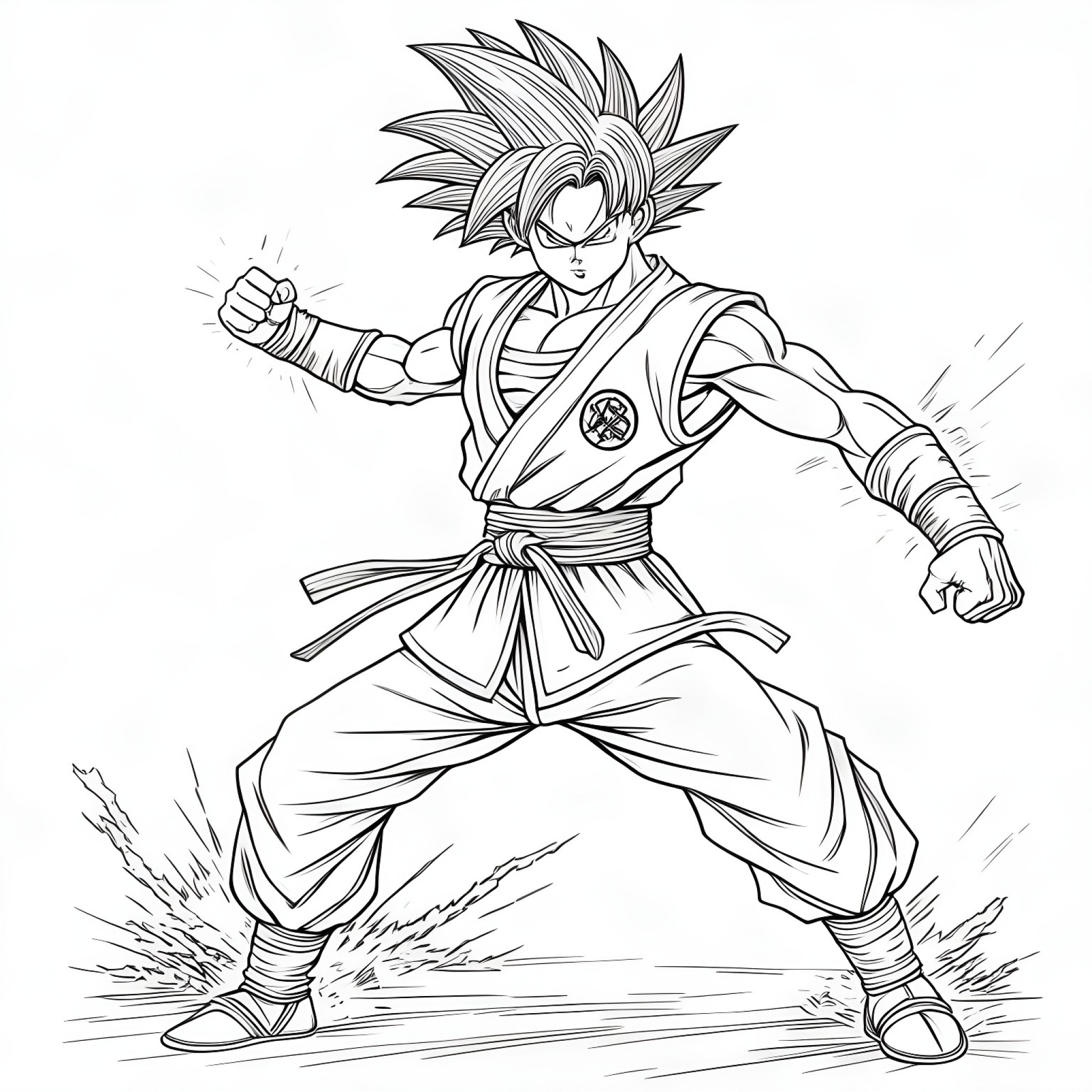 Son Goku practicing martial arts Coloring Page (free black-and-white line drawing printable PDF for all, from beginners to advanced learners, including children, teens, adults, and seniors)
