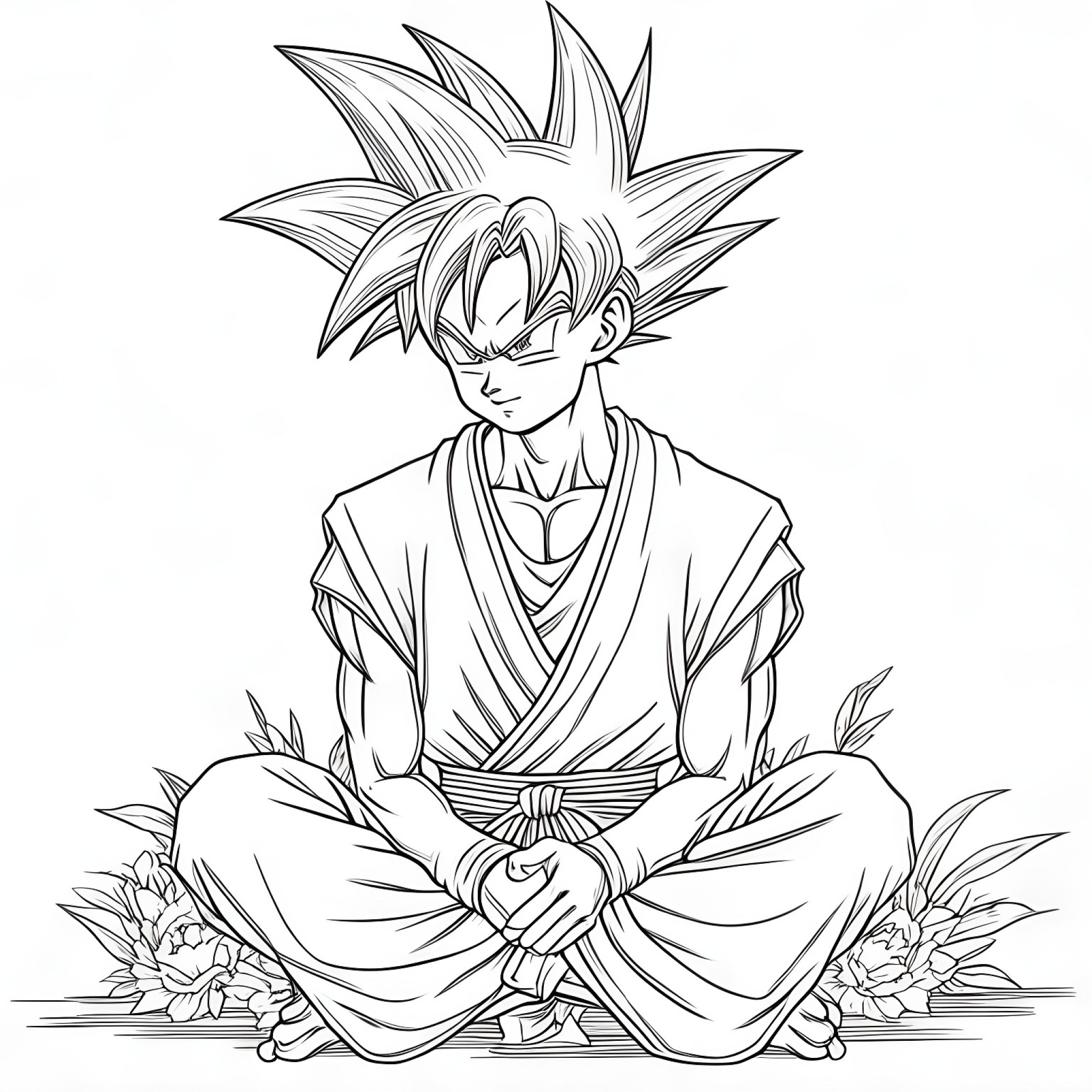 Son Goku in peaceful moment Coloring Page (free black-and-white line drawing printable PDF for all, from beginners to advanced learners, including children, teens, adults, and seniors)