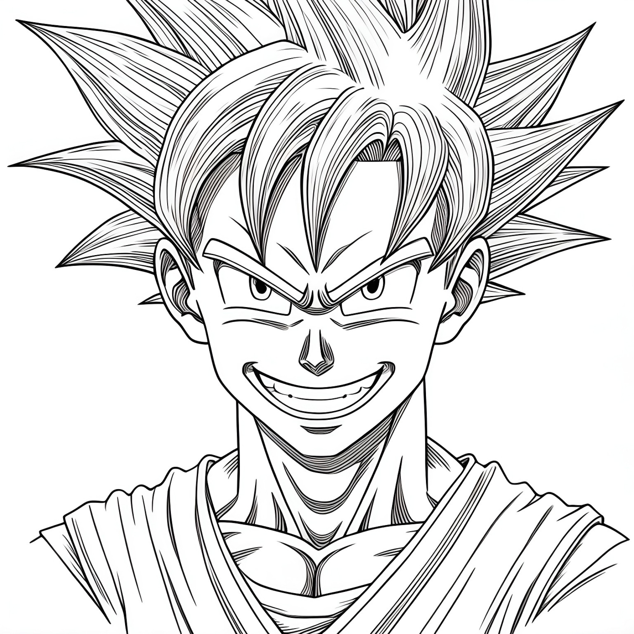 Son Goku smiling broadly Coloring Page (free black-and-white line drawing printable PDF for all, from beginners to advanced learners, including children, teens, adults, and seniors)
