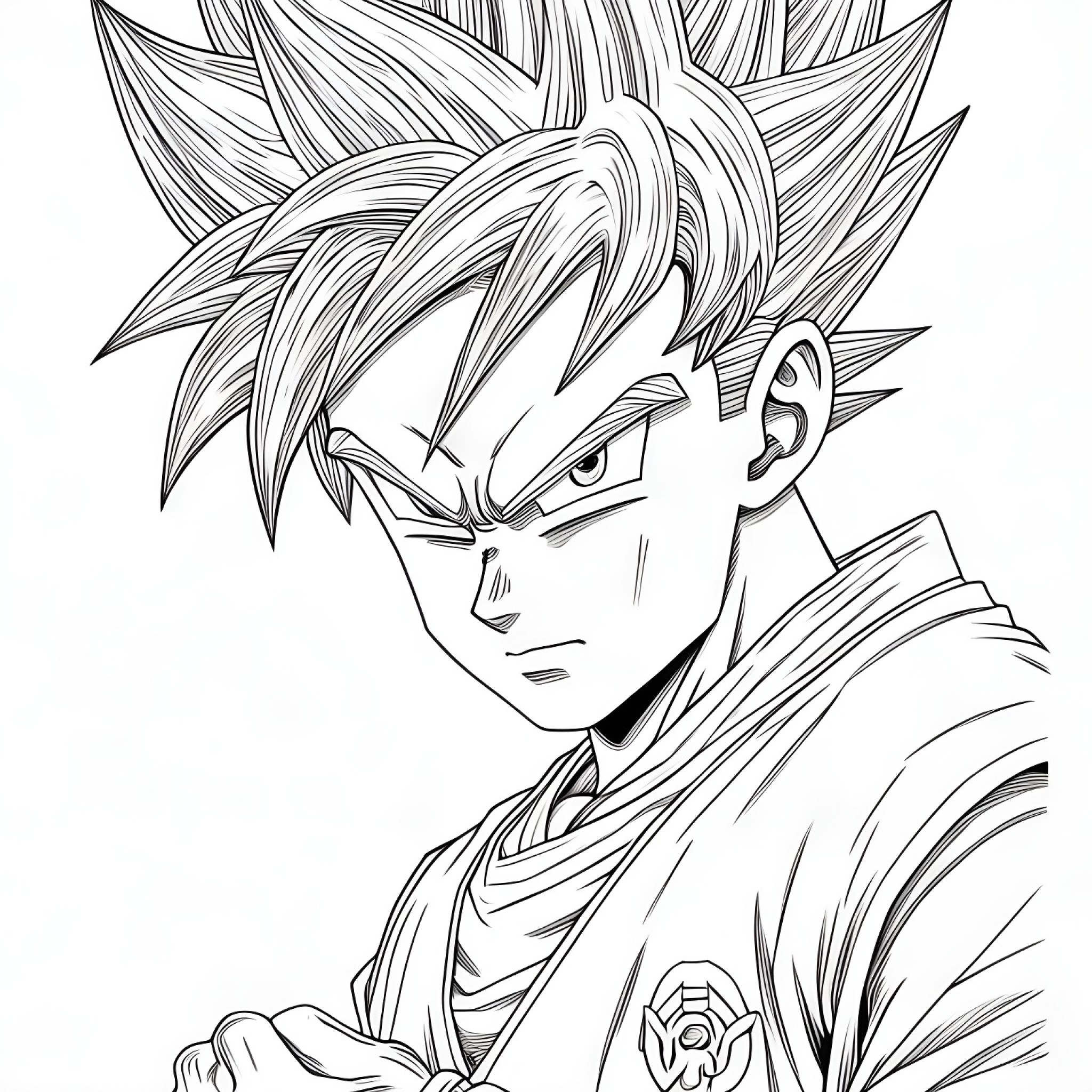 Son Goku concentrating deeply Coloring Page (free black-and-white line drawing printable PDF for all, from beginners to advanced learners, including children, teens, adults, and seniors)