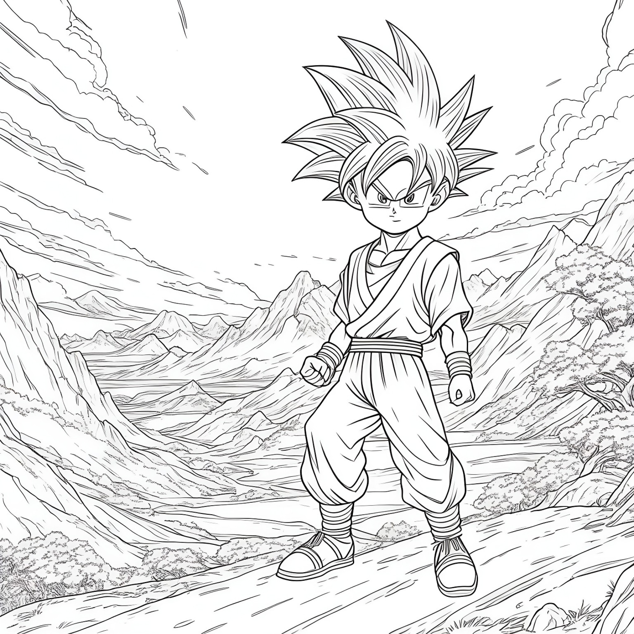 Son Goku exploring new places Coloring Page (free black-and-white line drawing printable PDF for all, from beginners to advanced learners, including children, teens, adults, and seniors)