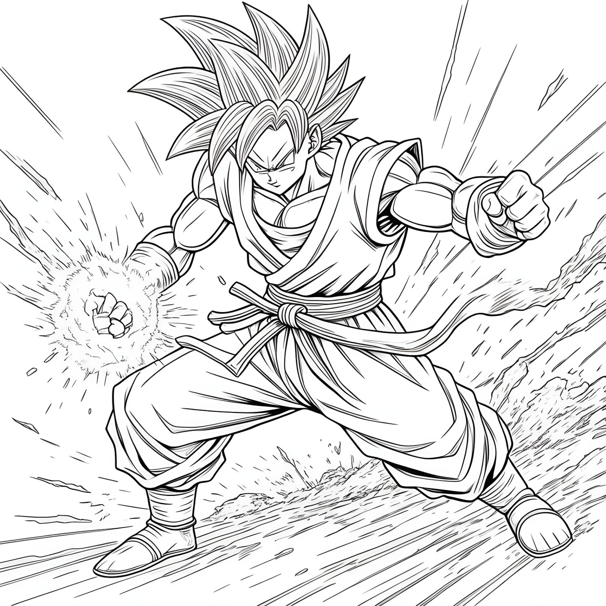 Son Goku in a battle Coloring Page (free black-and-white line drawing printable PDF for all, from beginners to advanced learners, including children, teens, adults, and seniors)
