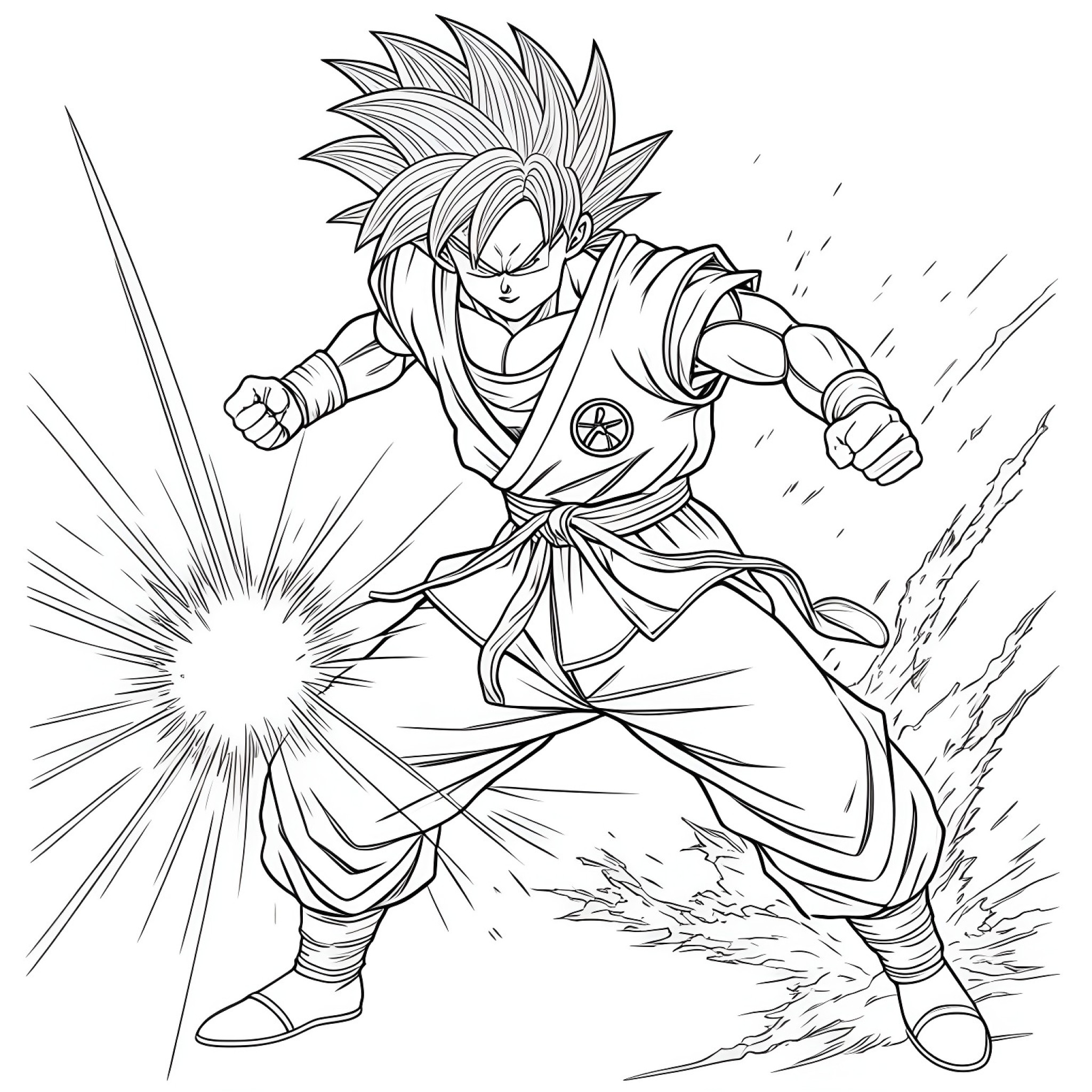 Son Goku using his power Coloring Page (free black-and-white line drawing printable PDF for all, from beginners to advanced learners, including children, teens, adults, and seniors)